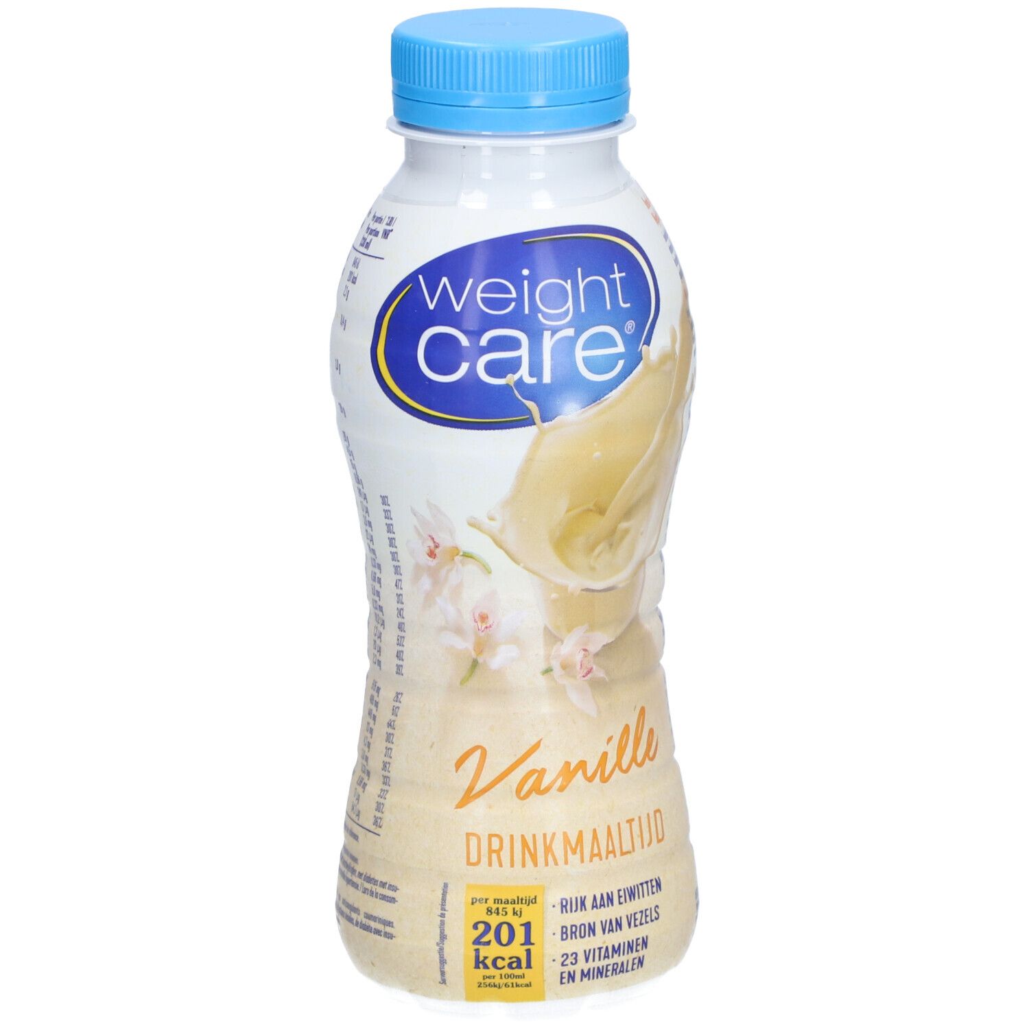 Bouteille Weight Care Trinkmahlzeit Vanille. Vue de face avec nom du produit et motif vanille.