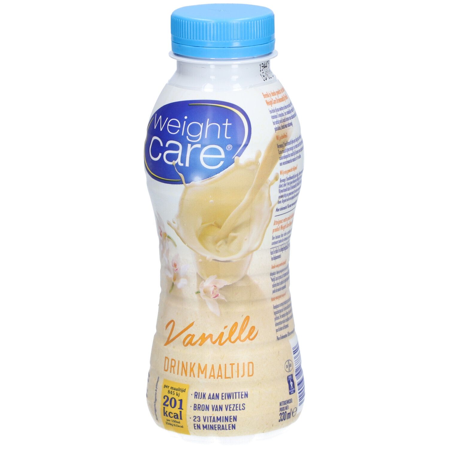 Bouteille Weight Care Trinkmahlzeit Vanille. Vue de face avec informations et motif vanille.