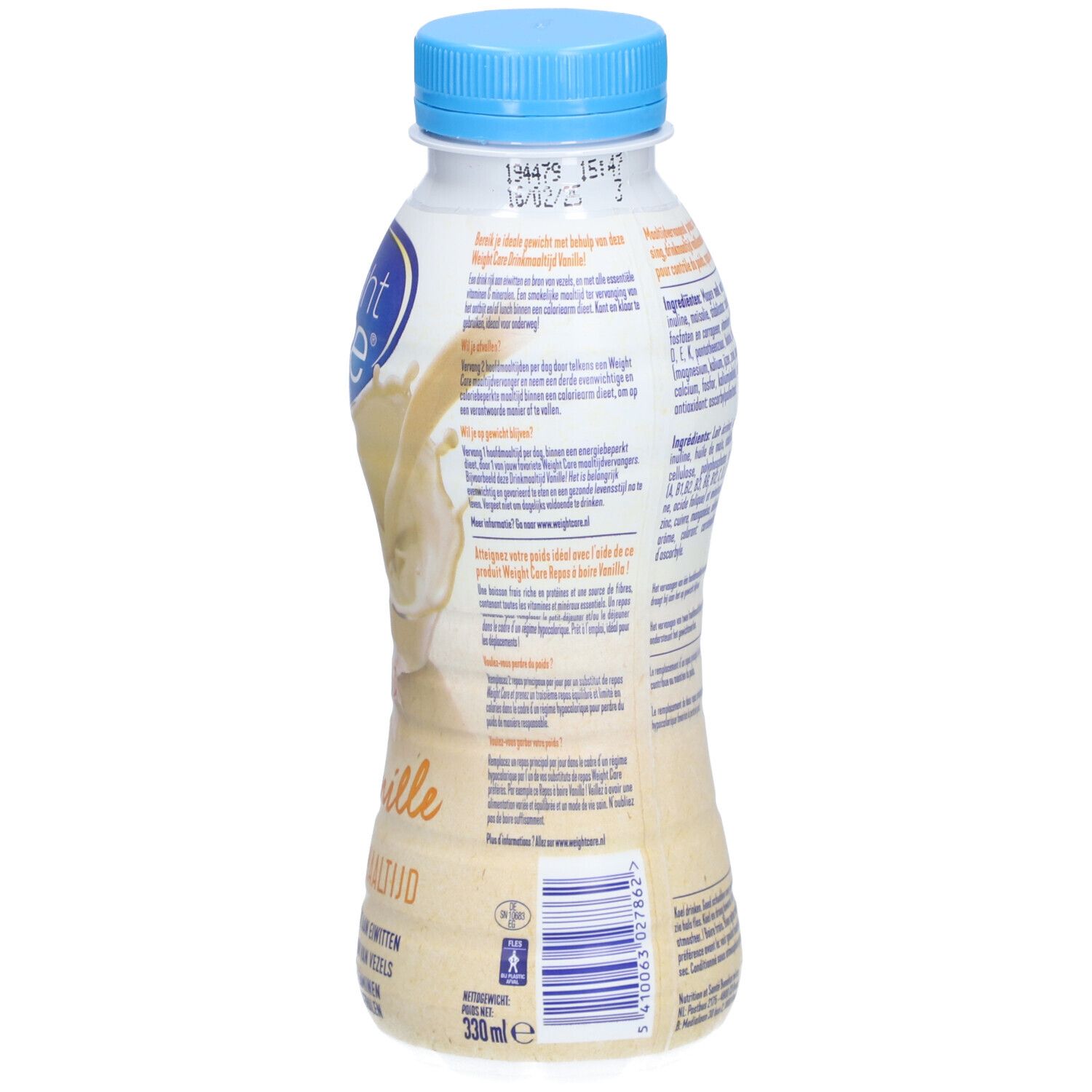 Dos de la bouteille Weight Care Trinkmahlzeit Vanille. Contient informations et ingrédients.