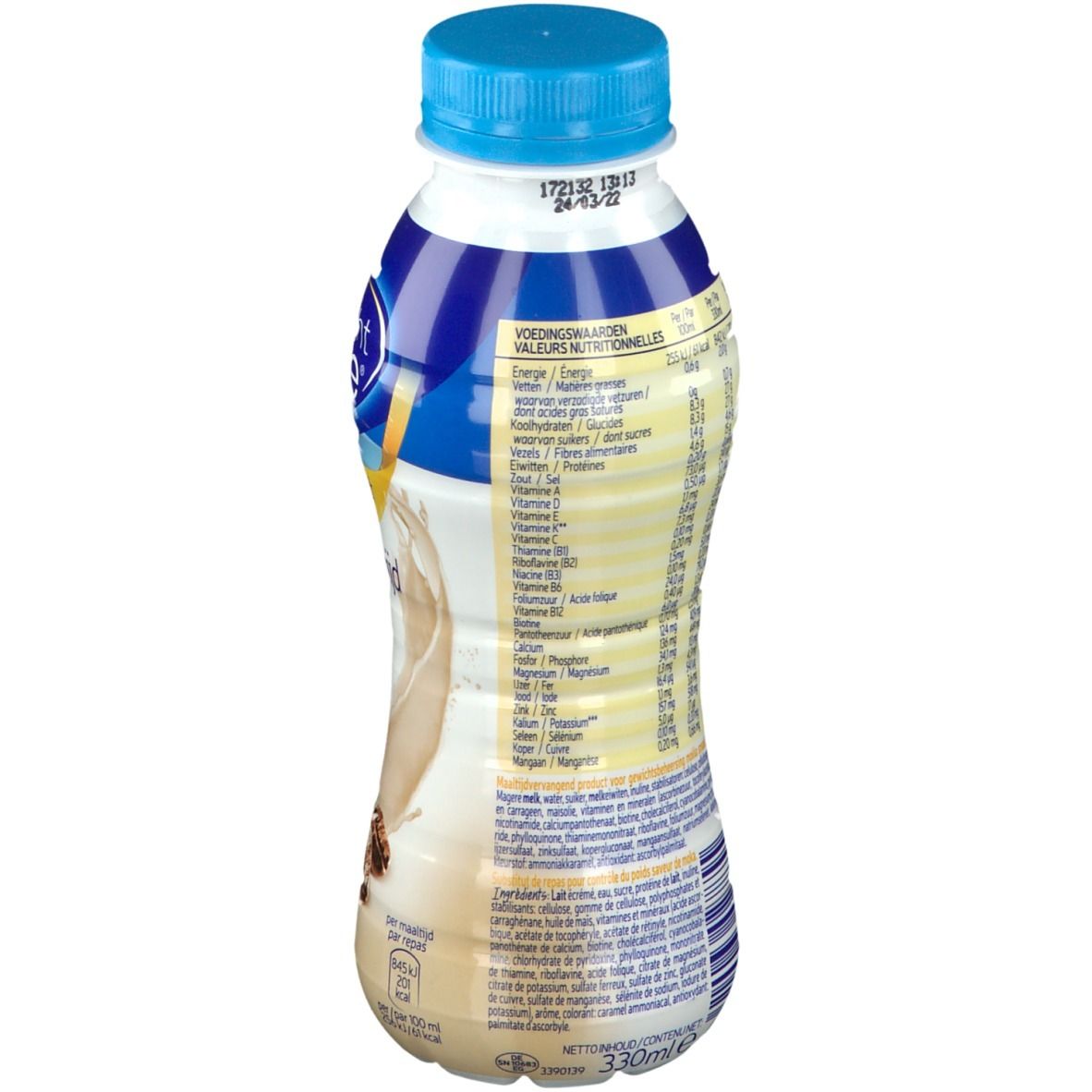 Dos de la bouteille de boisson Weight Care Mokka. Contient des informations nutritionnelles et autres informations.