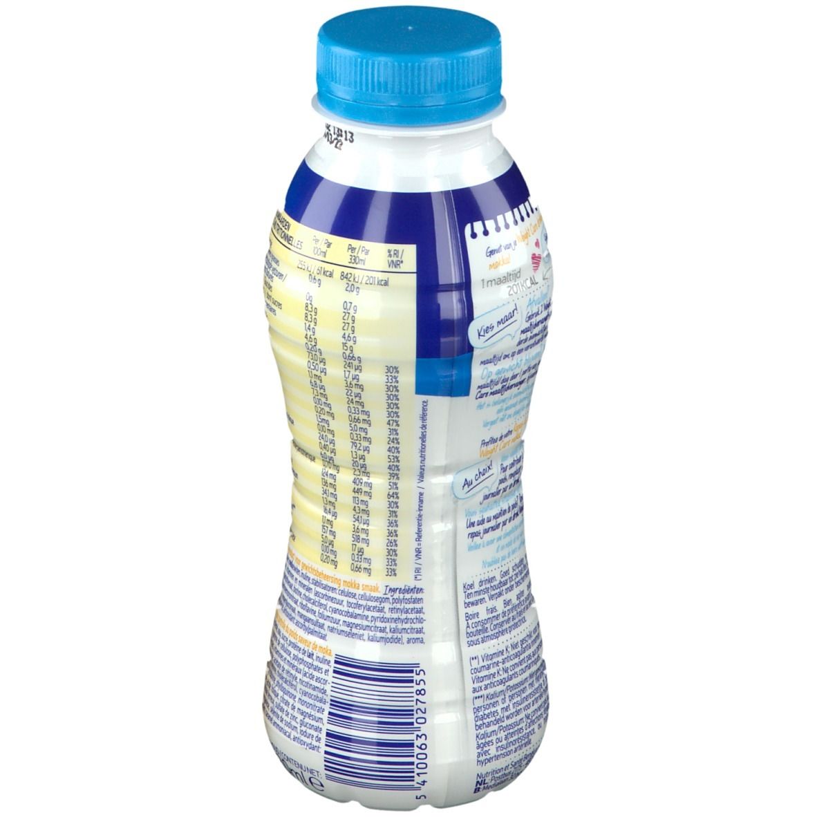 Dos de la bouteille de boisson Weight Care Mokka. Contient des informations nutritionnelles et autres informations.