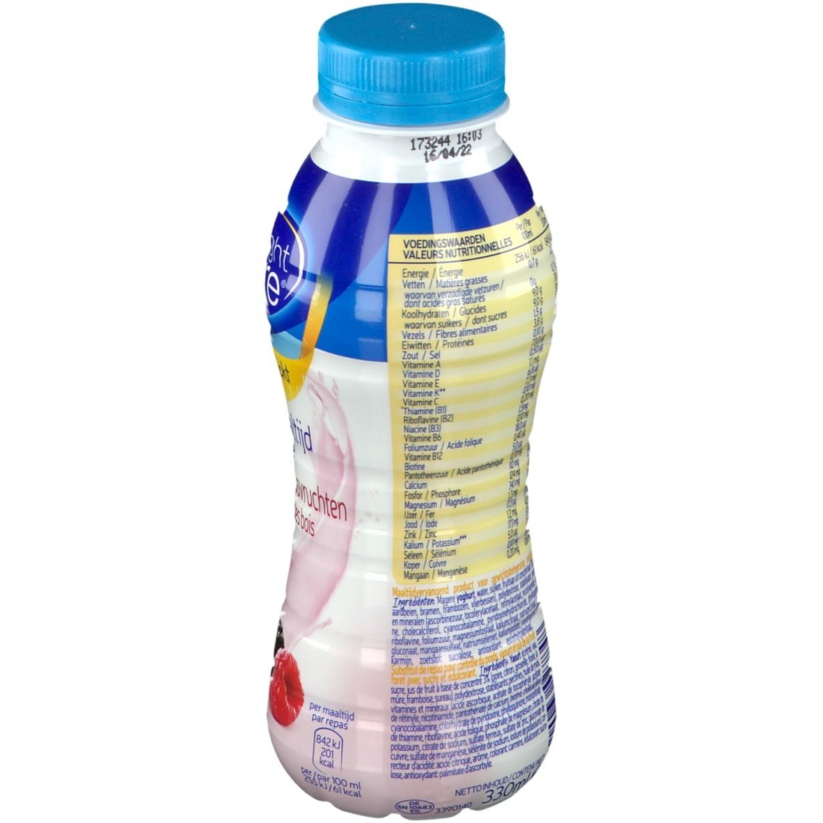 Rückseite der Weight Care Trinkmahlzeit Flasche. Nährwertangaben und weitere Produktinformationen auf weißem Etikett.