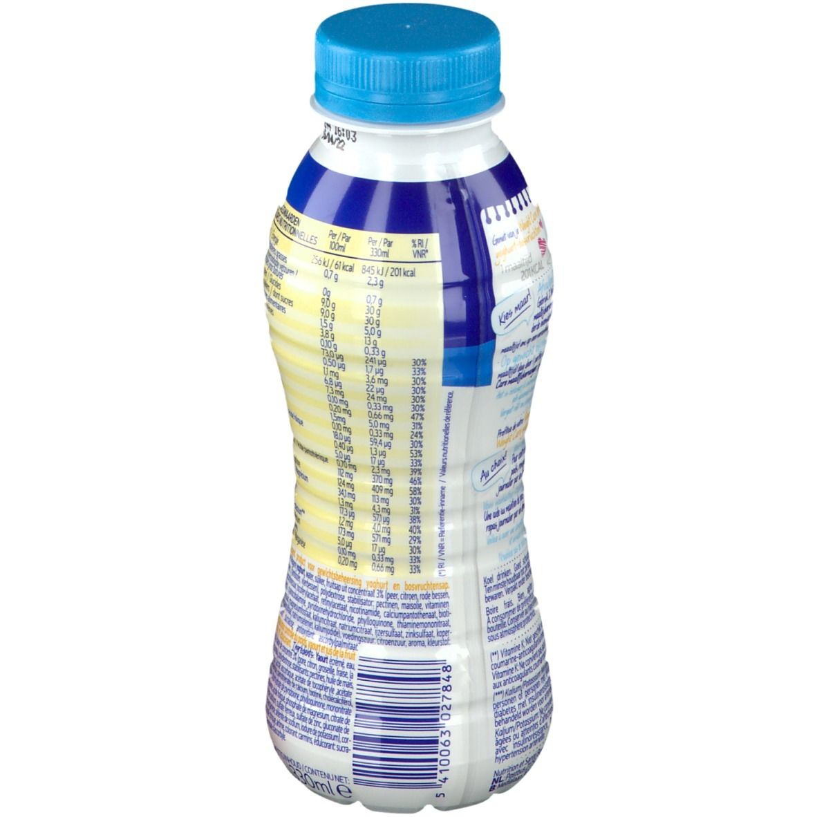 Rückseite der Weight Care Trinkmahlzeit Flasche. Nährwertangaben und weitere Produktinformationen auf weißem Etikett.