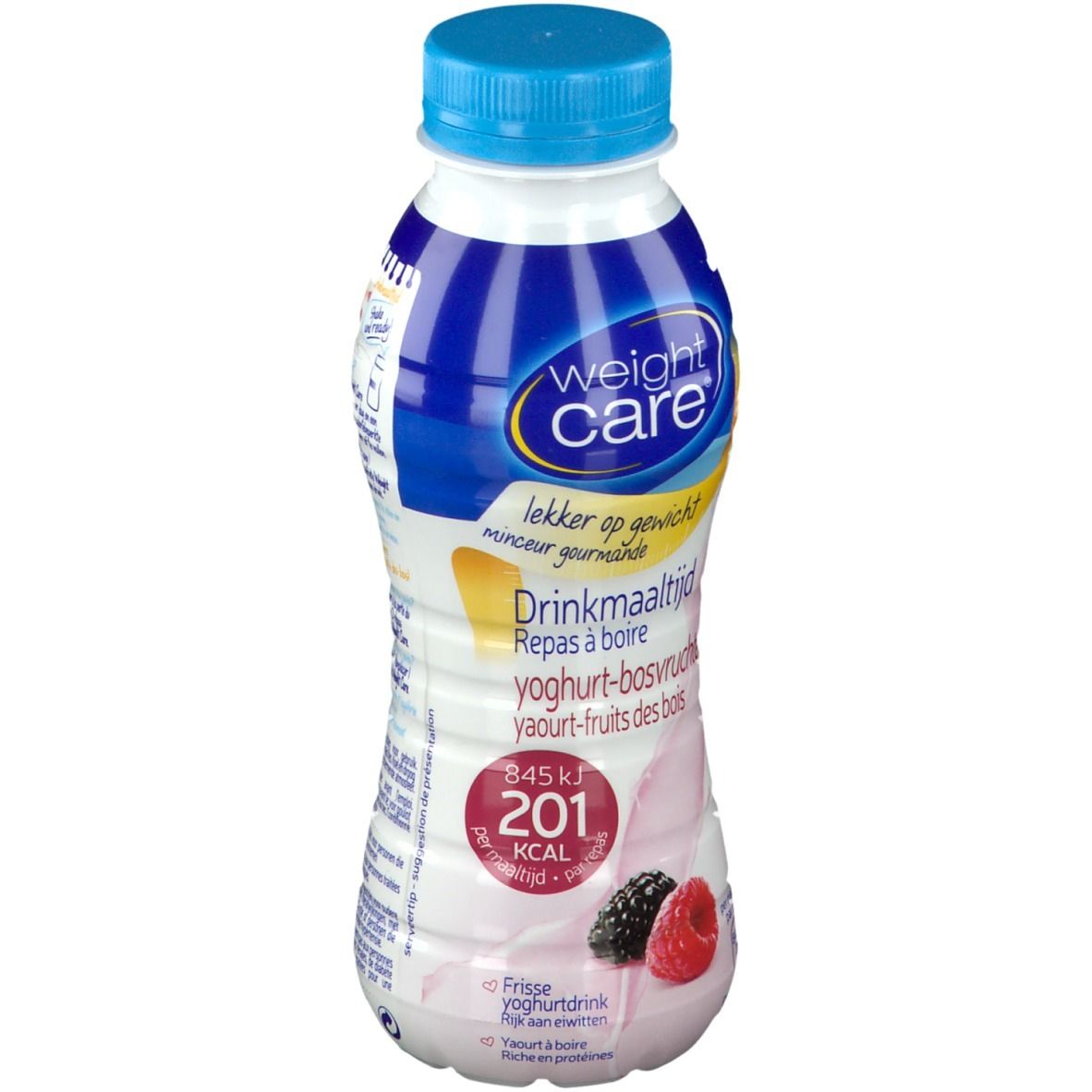 Flasche Weight Care Trinkmahlzeit Joghurt & Waldfrüchte. Blaue Kappe, weißes Etikett mit Produktinformationen und Beeren.