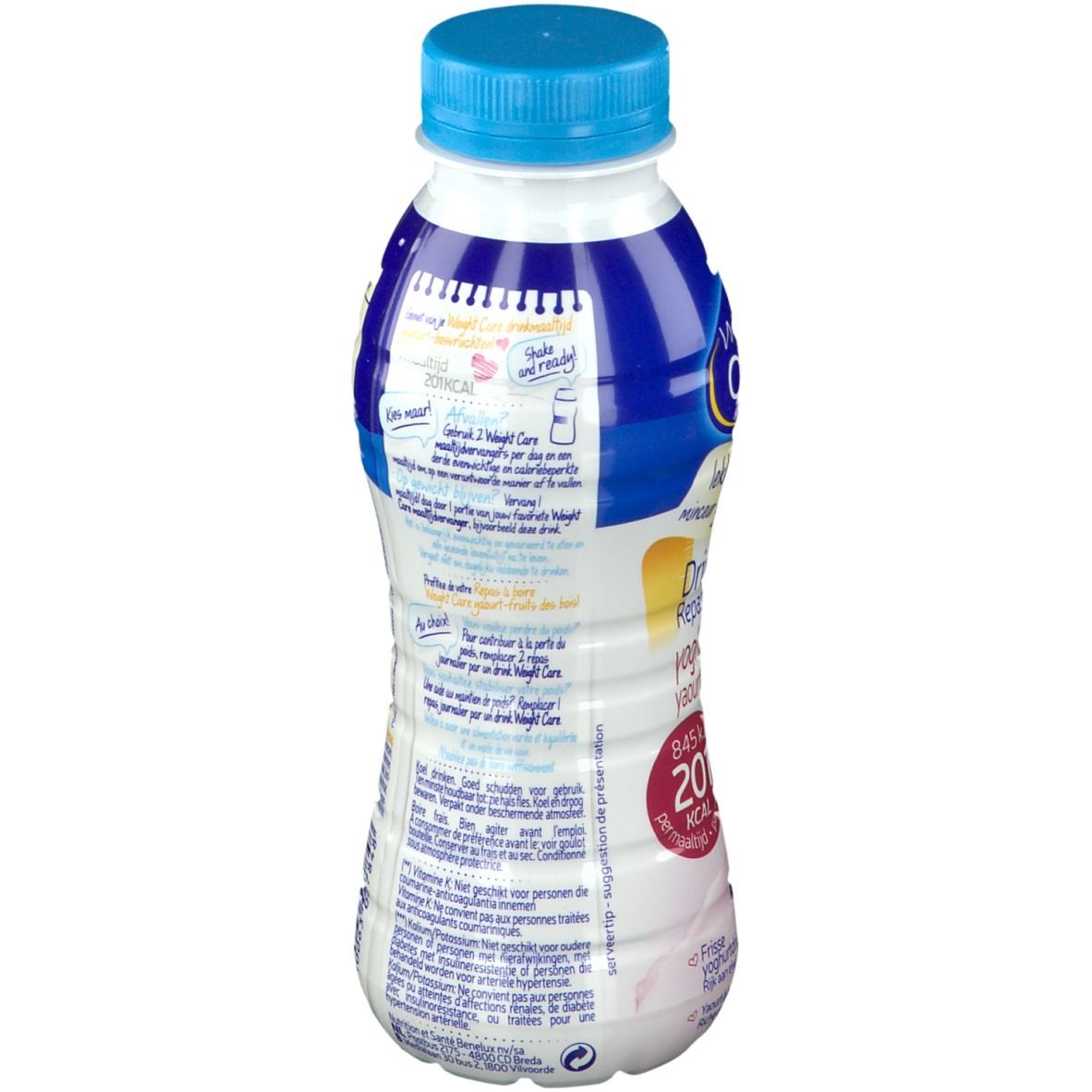 Rückseite der Weight Care Trinkmahlzeit Flasche. Nährwertangaben und weitere Produktinformationen auf weißem Etikett.