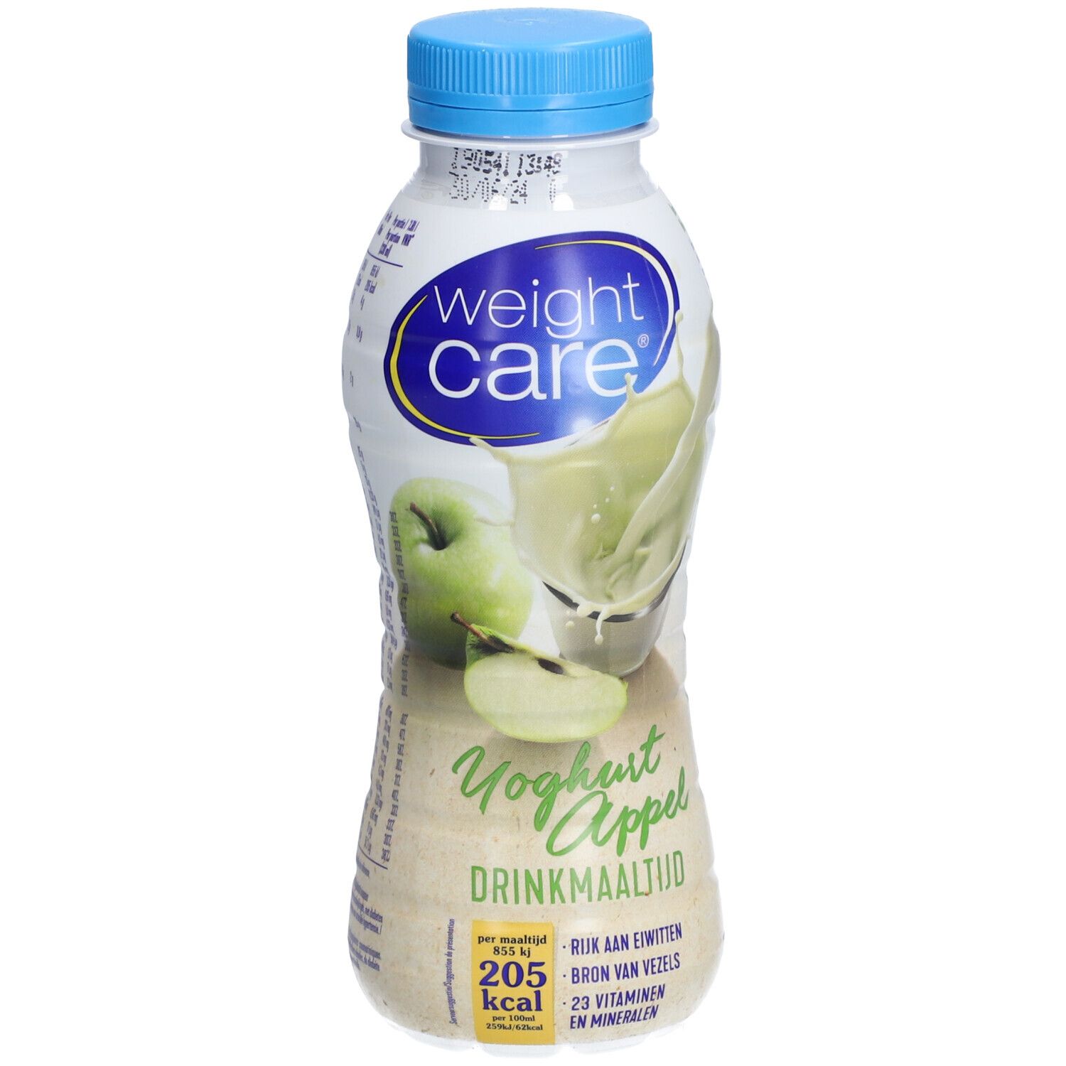 Fles Weight Care® Drinkmaaltijd Yaourt & Pomme. Blauwe dop. Illustratie appel en yoghurt.