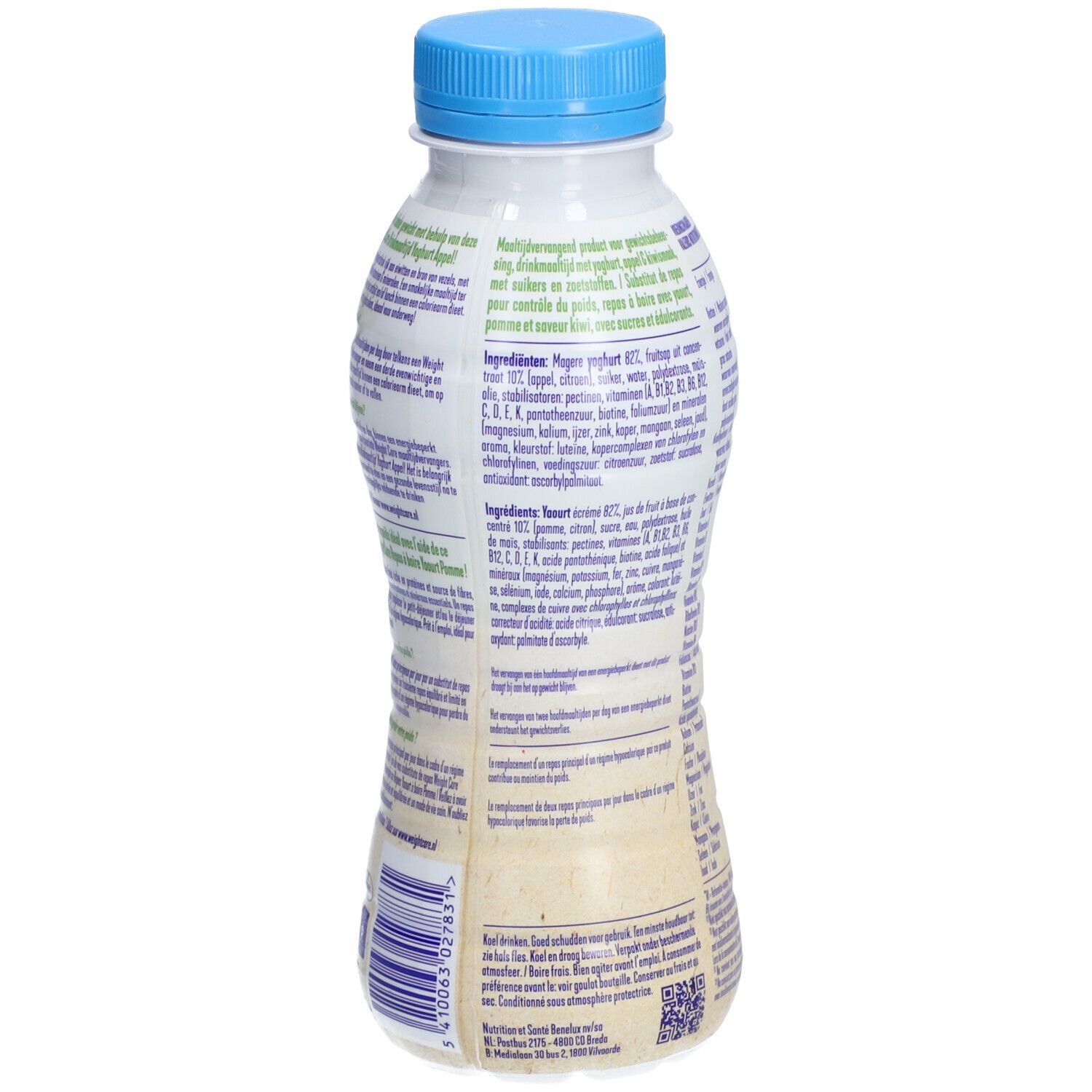 Achterkant fles Weight Care® Drinkmaaltijd Yaourt & Pomme. Ingrediëntenlijst en overige informatie.