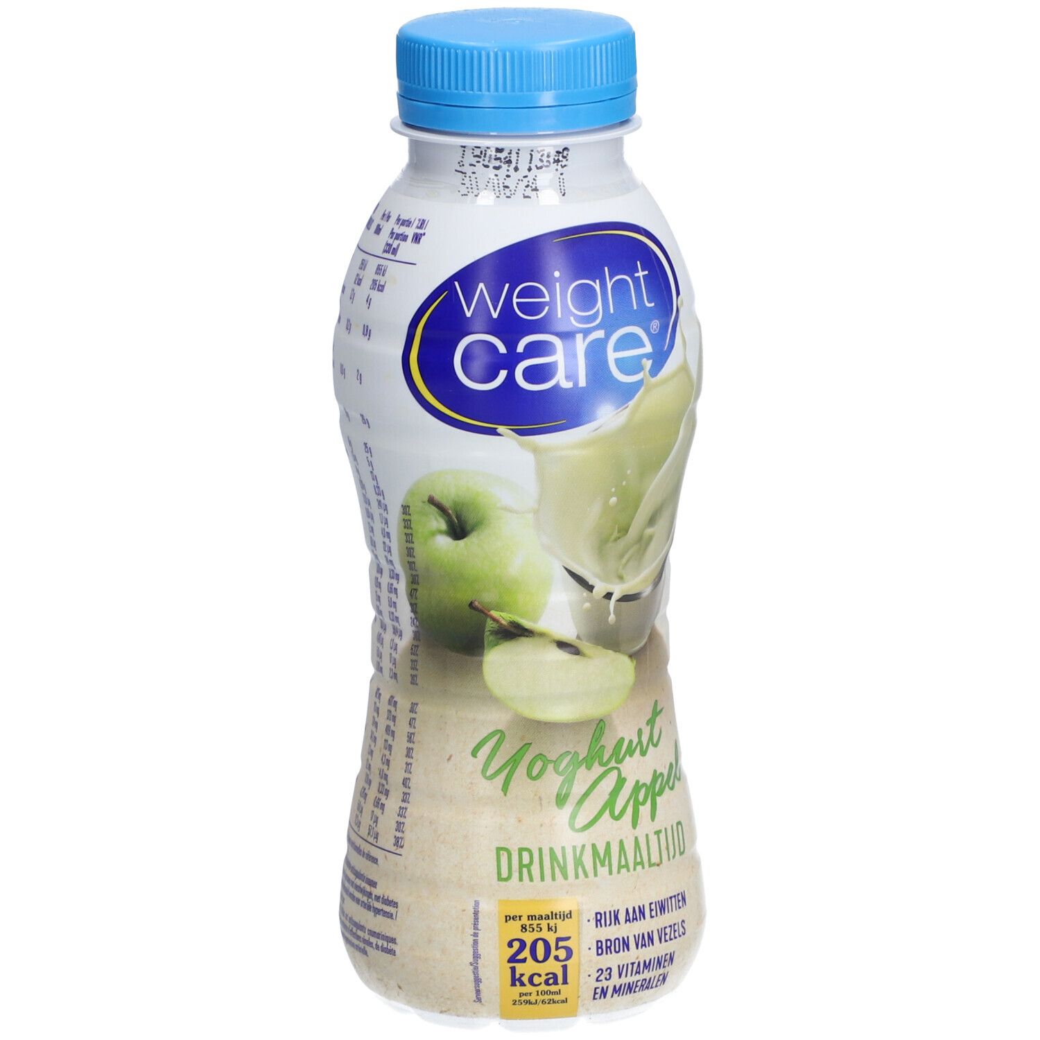 Fles Weight Care® Drinkmaaltijd Yaourt & Pomme. Blauwe dop. Illustratie appel en yoghurt.
