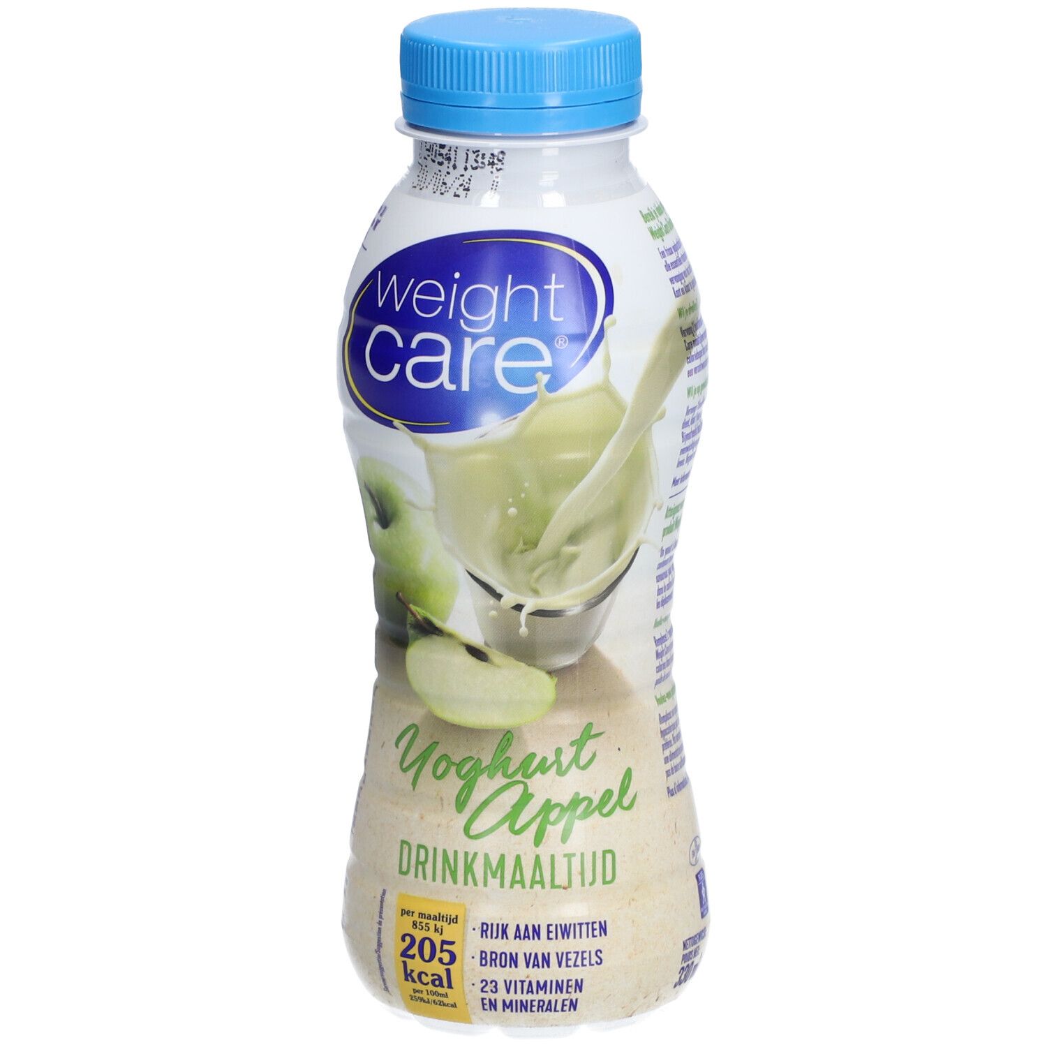 Fles Weight Care® Drinkmaaltijd Yaourt & Pomme. Blauwe dop. Illustratie appel en yoghurt.