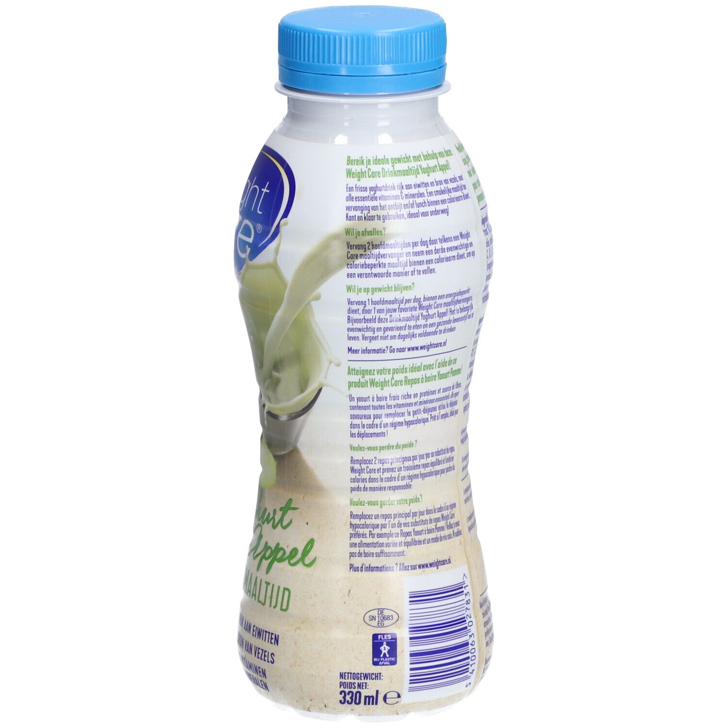 Achterkant fles Weight Care® Drinkmaaltijd Yaourt & Pomme. Tekst, logo en voedingswaarde.