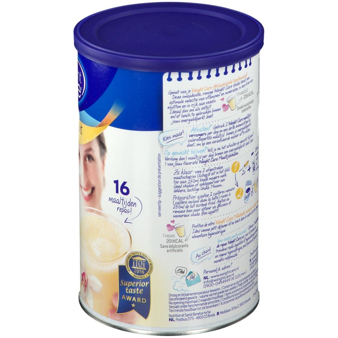 Dos de la boîte Weight Care. Contient des informations de préparation et des informations nutritionnelles. Prix: Superior Taste Award.