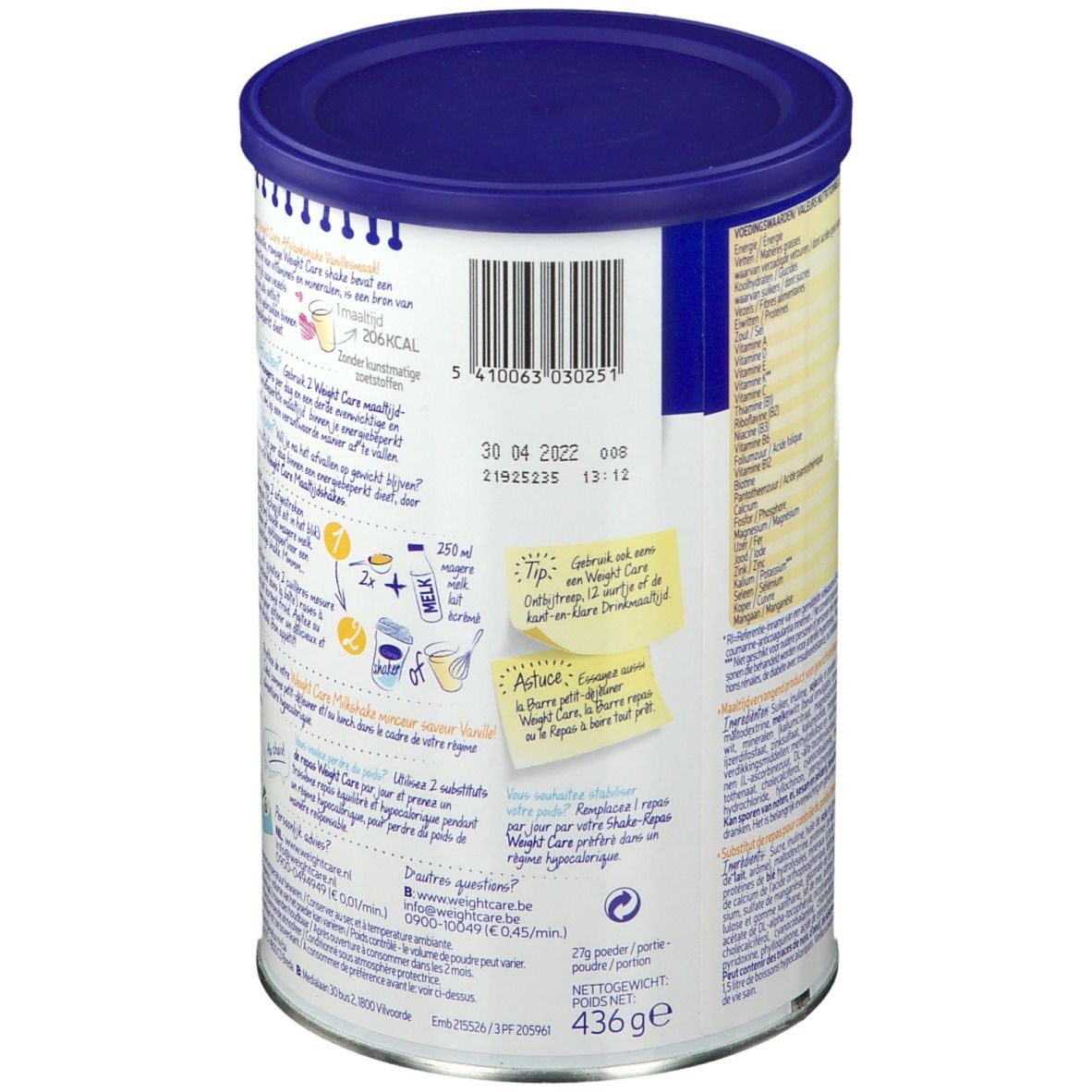 Dos de la boîte Weight Care. Contient des informations nutritionnelles, un code-barres et une date de péremption. Poids net: 436g.