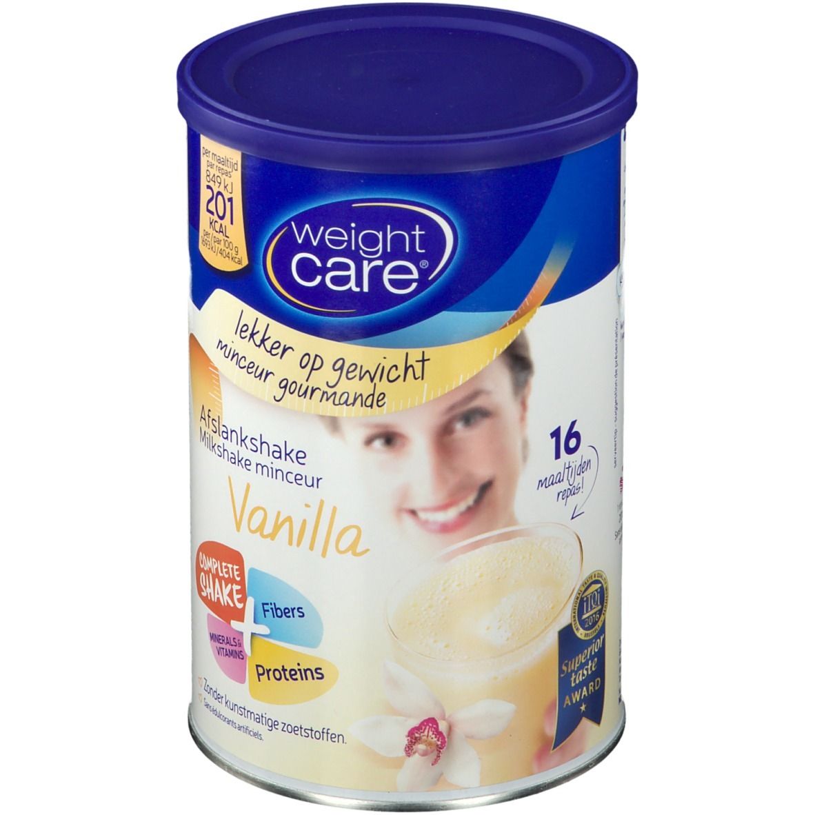 Boîte Weight Care, saveur vanille. Inscription: Afslankshake, Milkshake Minceur. Contient vitamines, minéraux, protéines et fibres. 16 portions.