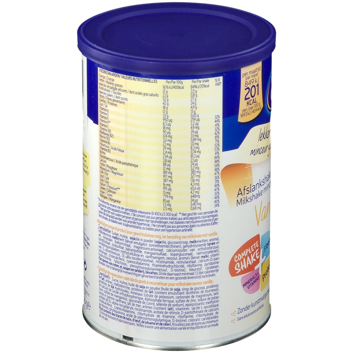 Dos de la boîte Weight Care. Contient des informations nutritionnelles. Inscription: Afslankshake, Milkshake Minceur, Vanille.