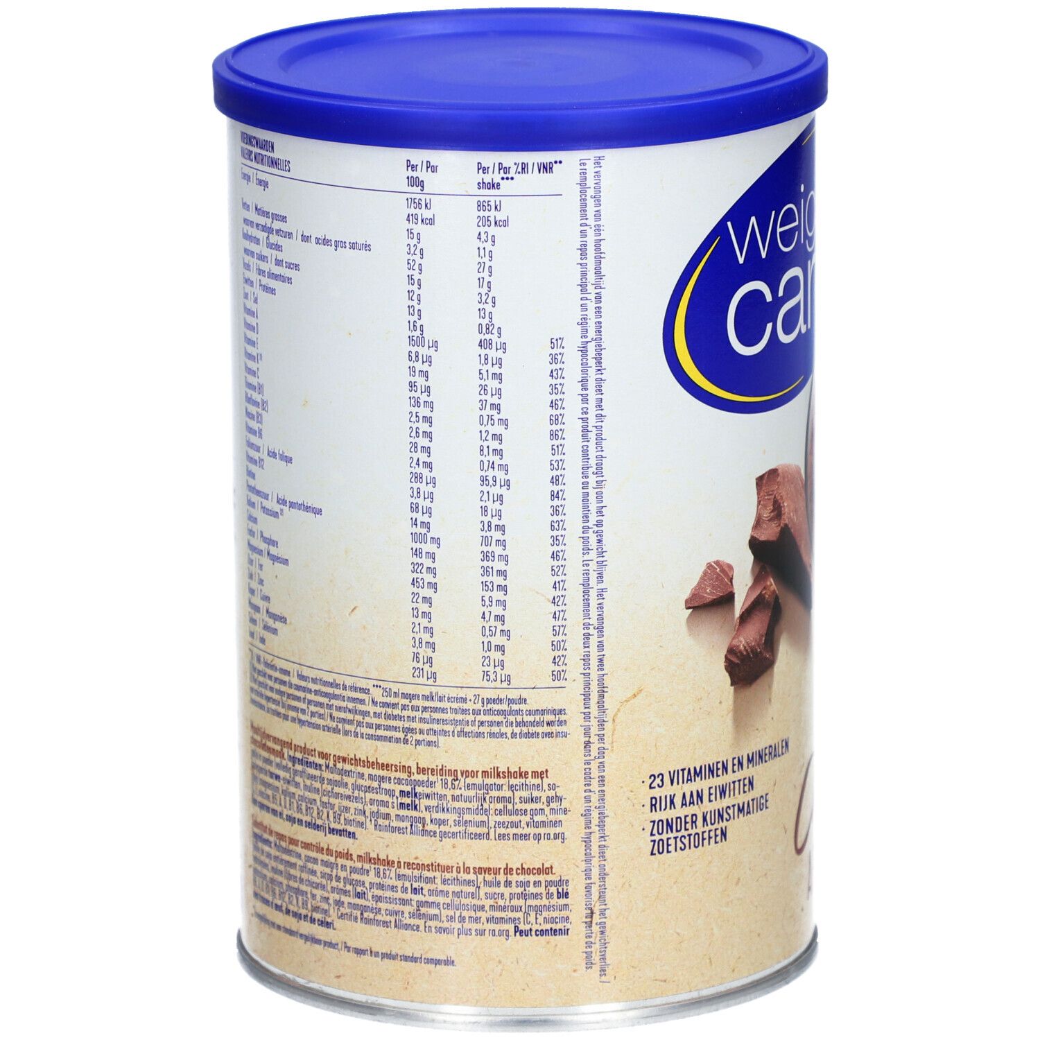 Boîte cylindrique bleue. Dos avec informations nutritionnelles et liste d'ingrédients. Texte : 23 vitamines et minéraux, sans édulcorants artificiels.