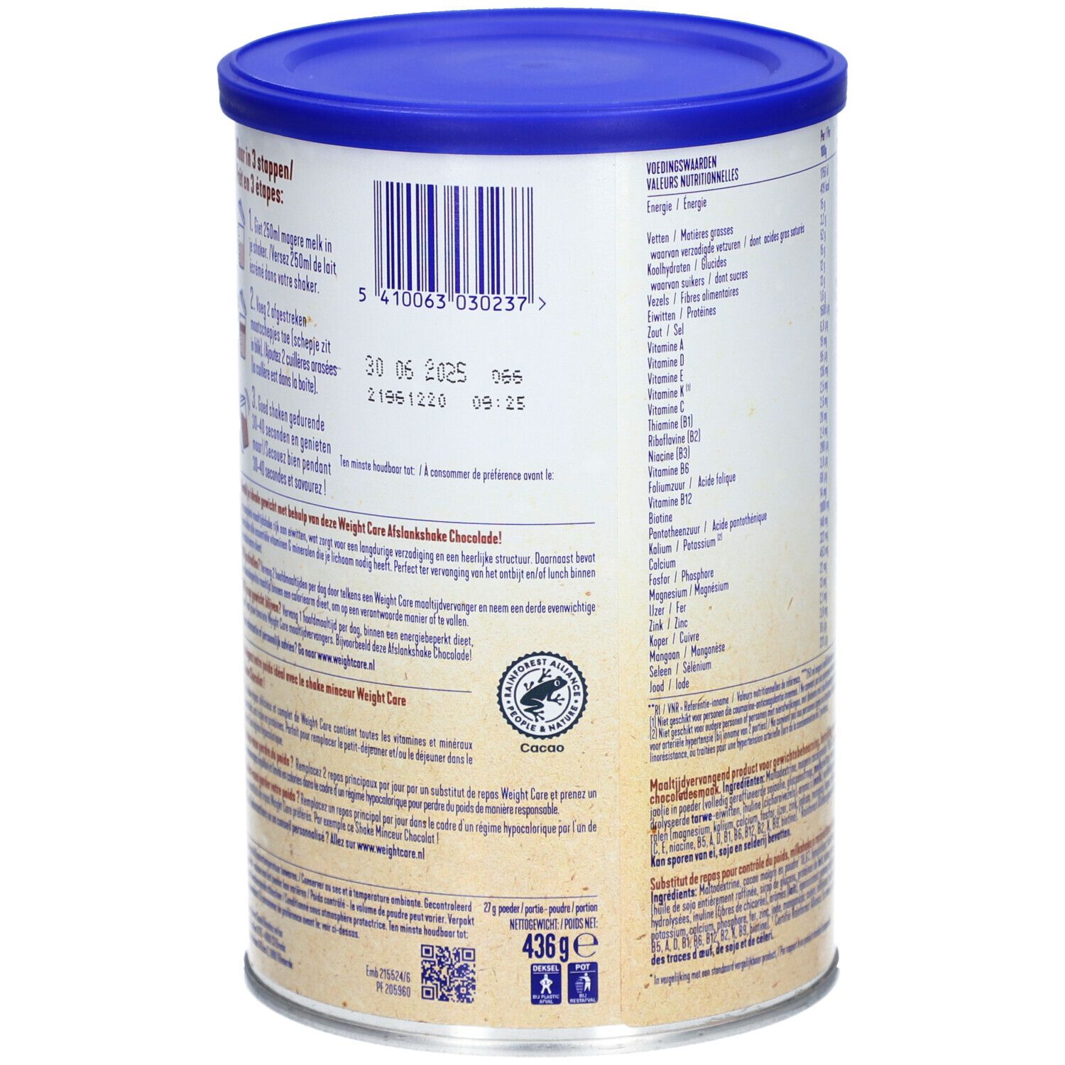 Boîte cylindrique bleue. Dos avec texte et informations nutritionnelles. Texte : Weight Care, 436g, date de péremption, logo.