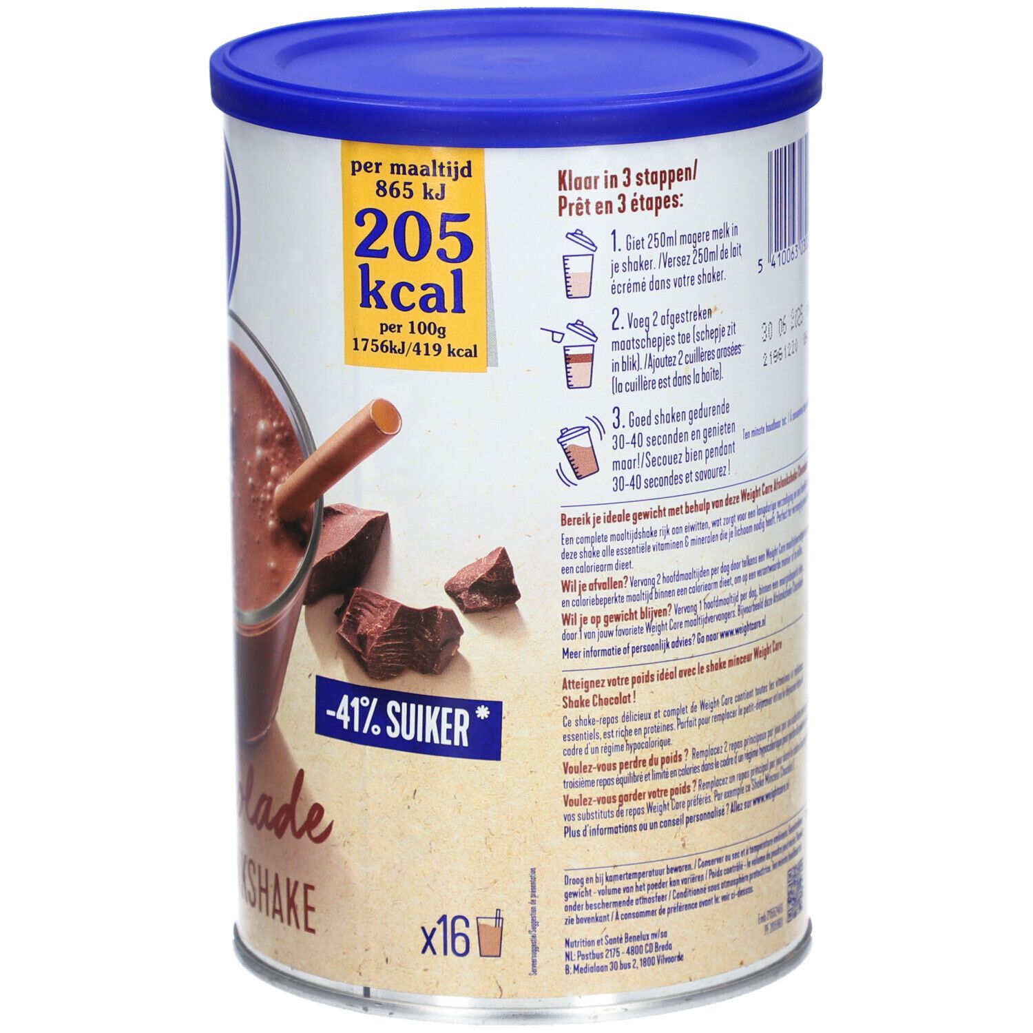 Boîte cylindrique bleue. Texte : 205 kcal, -41% de sucre, étapes de préparation. Image : milkshake au chocolat, morceaux de chocolat.