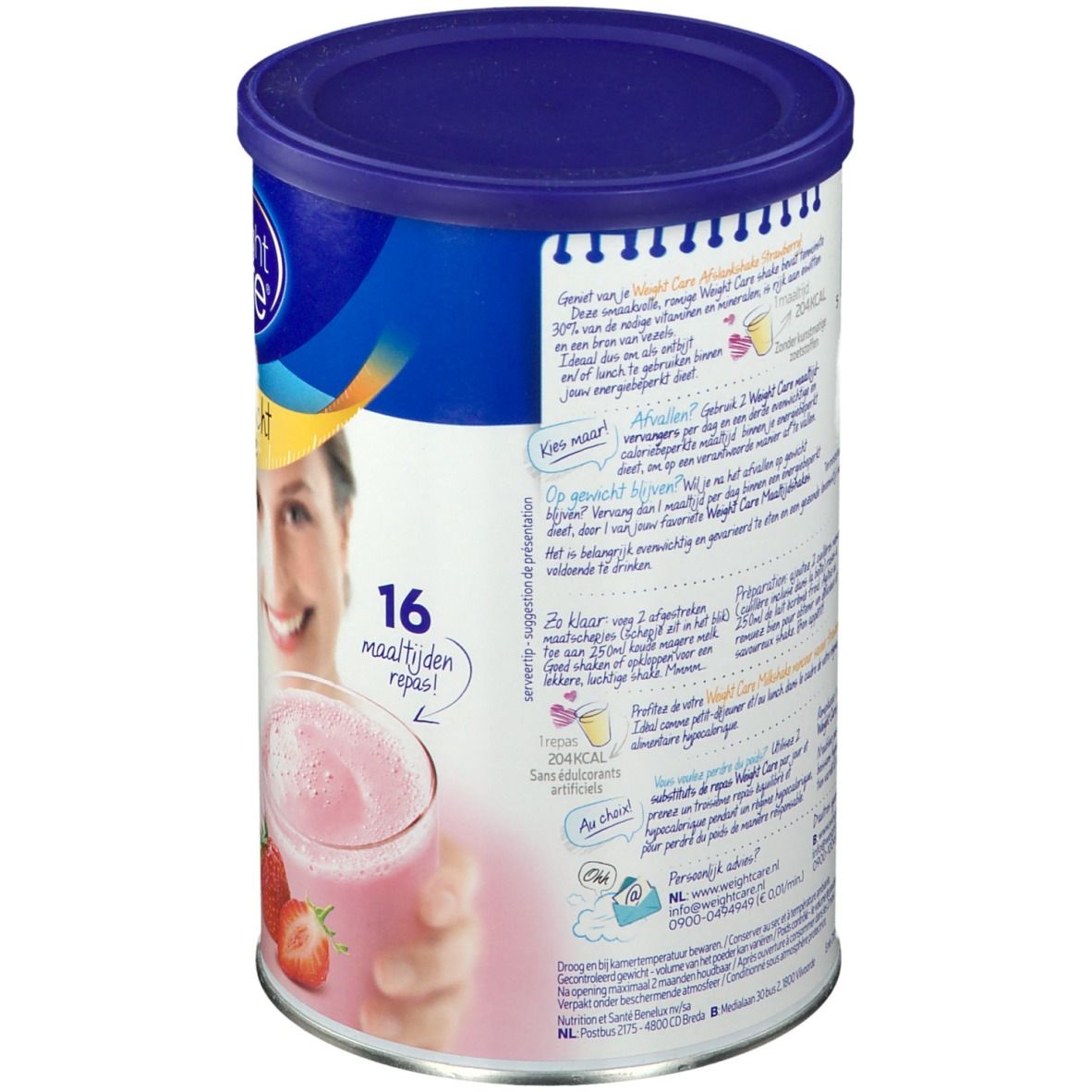 Achterkant van de Weight Care-blik. Tekst in het Nederlands en Frans. Illustratie van een vrouw met aardbeienmilkshake. 16 porties.