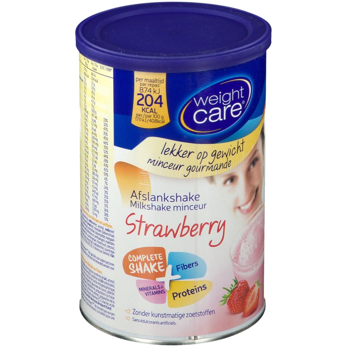 Weight Care-blik, aardbeiensmaak. Opschrift: Afslankshake, Milkshake minceur. Bevat mineralen, vitaminen, eiwitten en vezels.