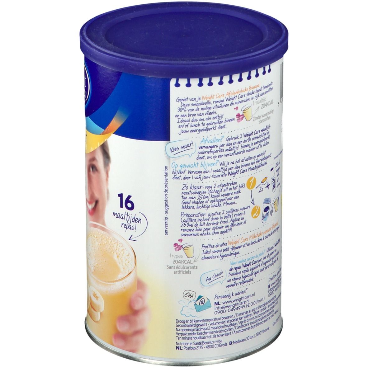 Dos de la boîte Weight Care Milkshake Minceur Banane. Couvercle bleu, étiquettes avec texte et illustrations. 16 portions.