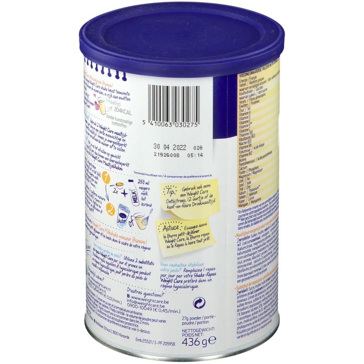 Dos de la boîte Weight Care Milkshake Minceur Banane. Couvercle bleu, étiquettes avec texte et code-barres. 436g.