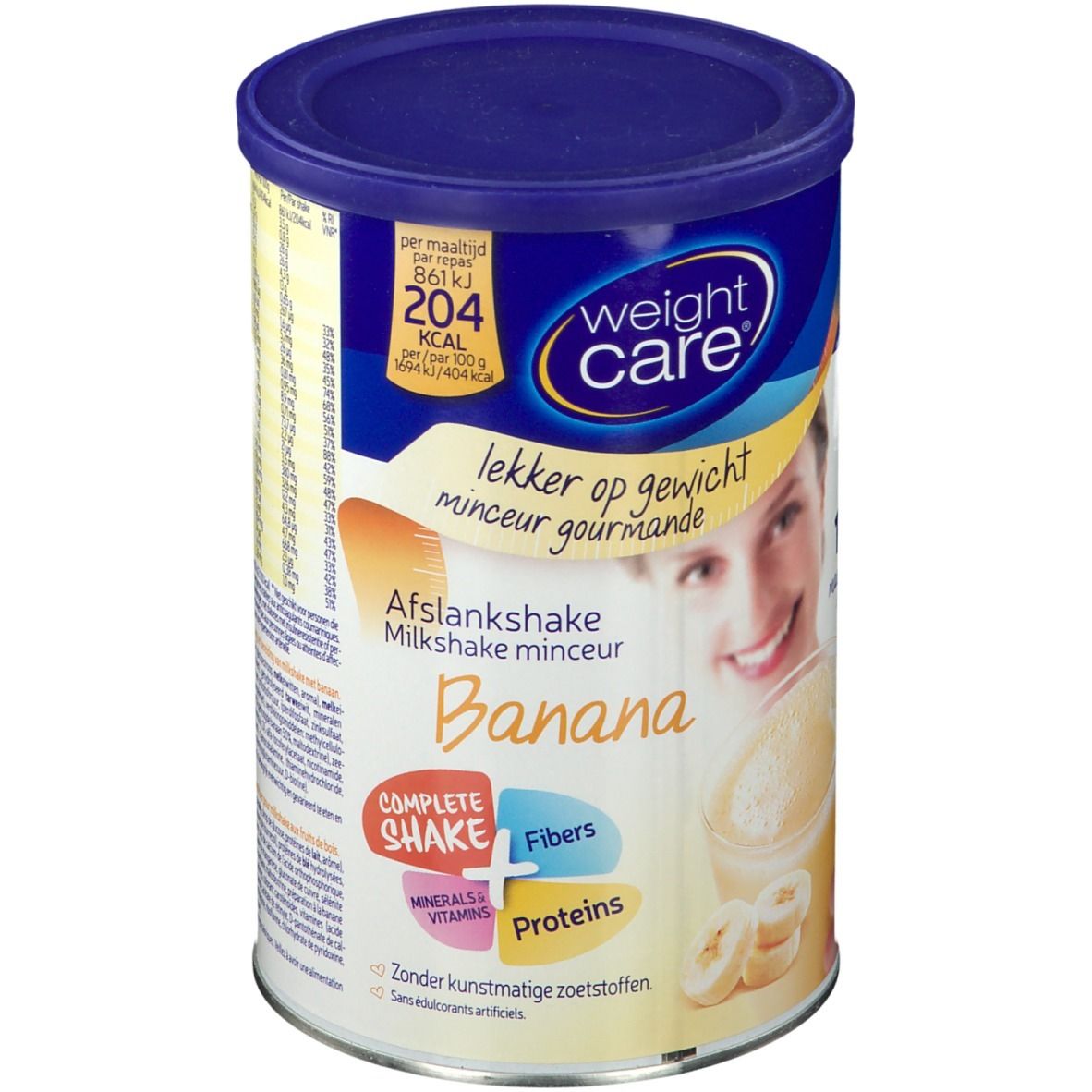 Boîte de Weight Care Milkshake Minceur Banane. Couvercle bleu, étiquettes bleues et jaunes. Inscription : Banana, 204 kcal.