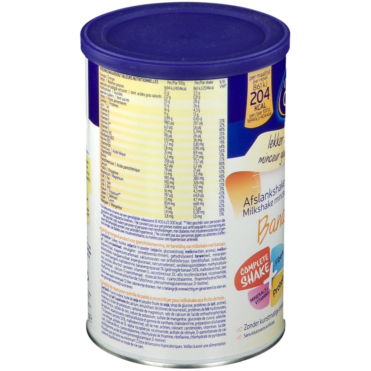 Dos de la boîte Weight Care Milkshake Minceur Banane. Couvercle bleu, étiquettes avec texte et informations nutritionnelles. 204 kcal.