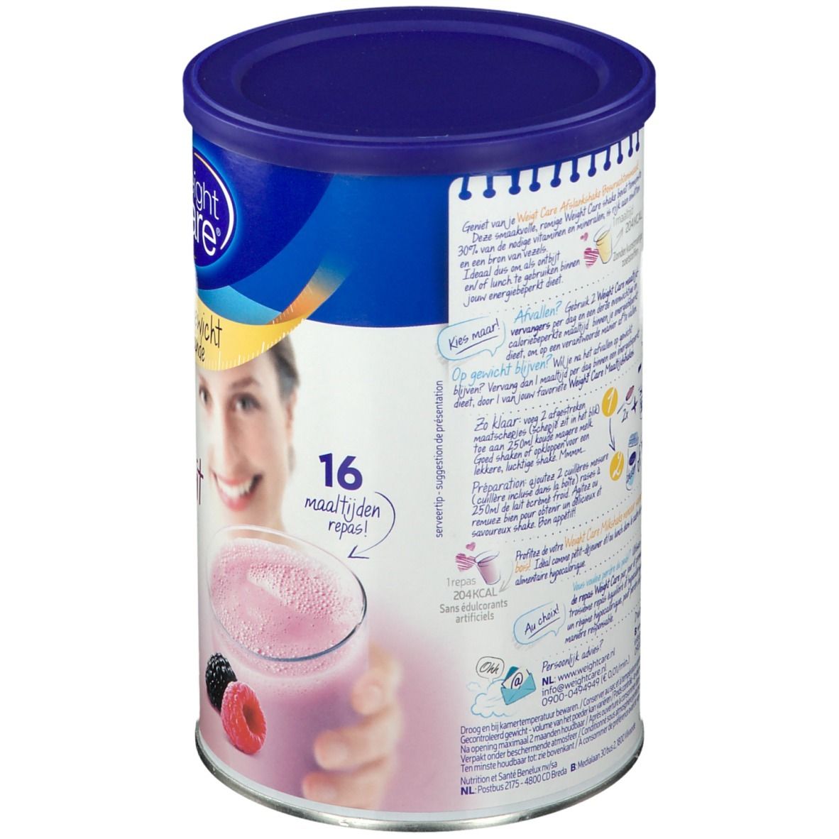 Dos de la boîte Weight Care Milkshake Minceur Fruits des Bois. Texte et illustrations.