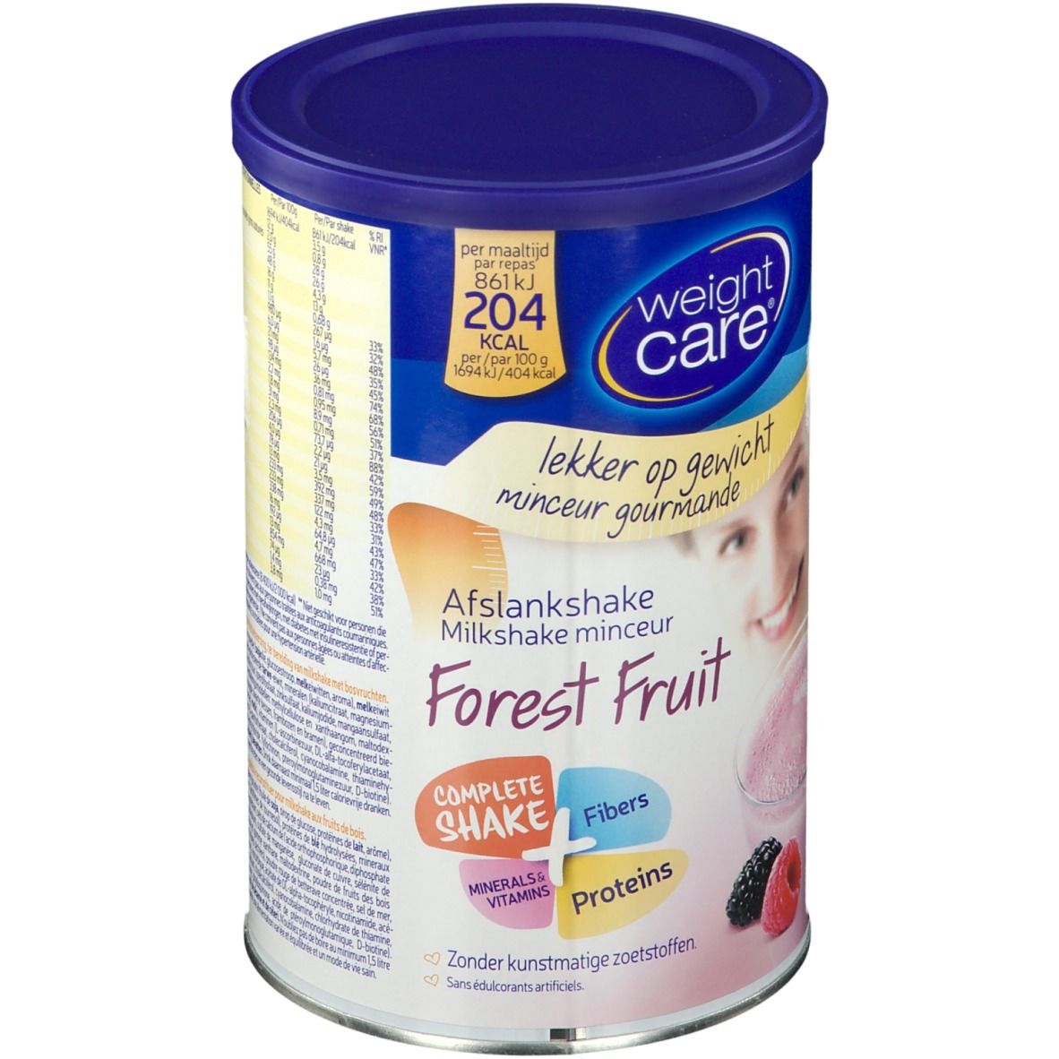 Boîte Weight Care Milkshake Minceur Fruits des Bois. Boîte bleue avec informations et illustration du produit.