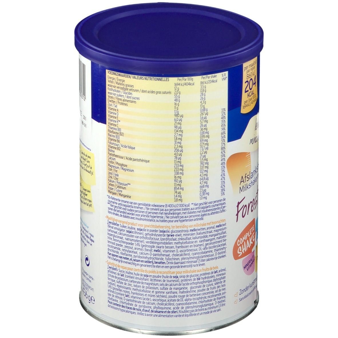 Dos de la boîte Weight Care Milkshake Minceur Fruits des Bois. Informations nutritionnelles et texte.