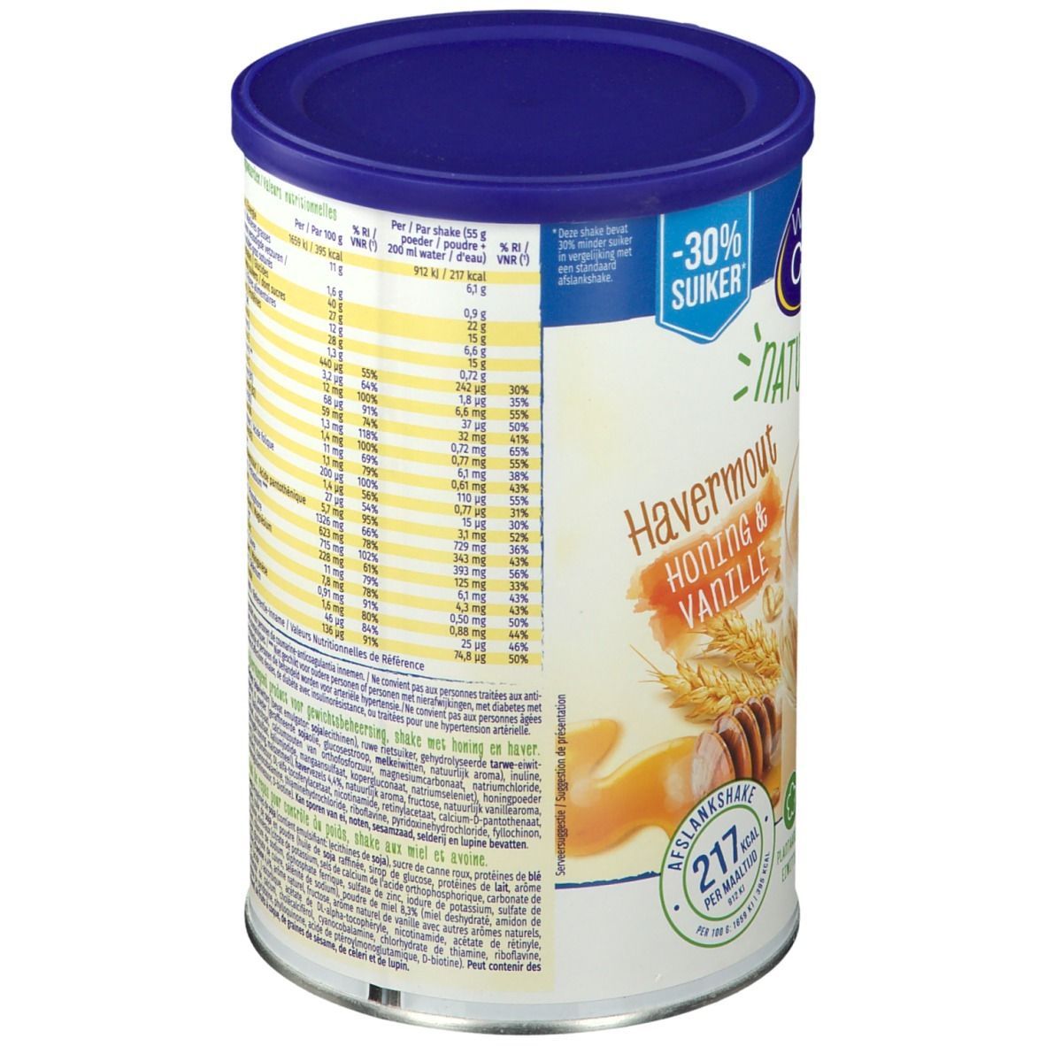 Boîte Weight Care, couvercle bleu. Inscription: Havermout Honing & Vanille. Tableau nutritionnel. -30% de sucre.