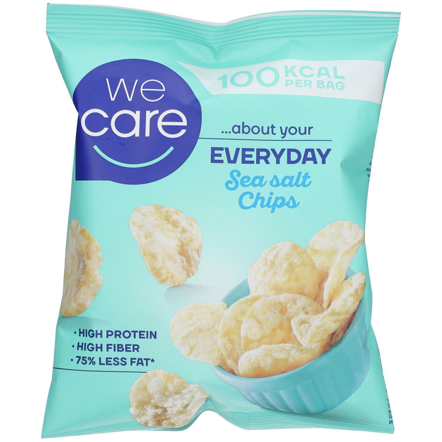 Sachet bleu clair de chips. Inscription : We Care, Everyday Sea Salt Chips, 100 kcal par sachet, riche en protéines, en fibres, 75% moins de matières grasses.