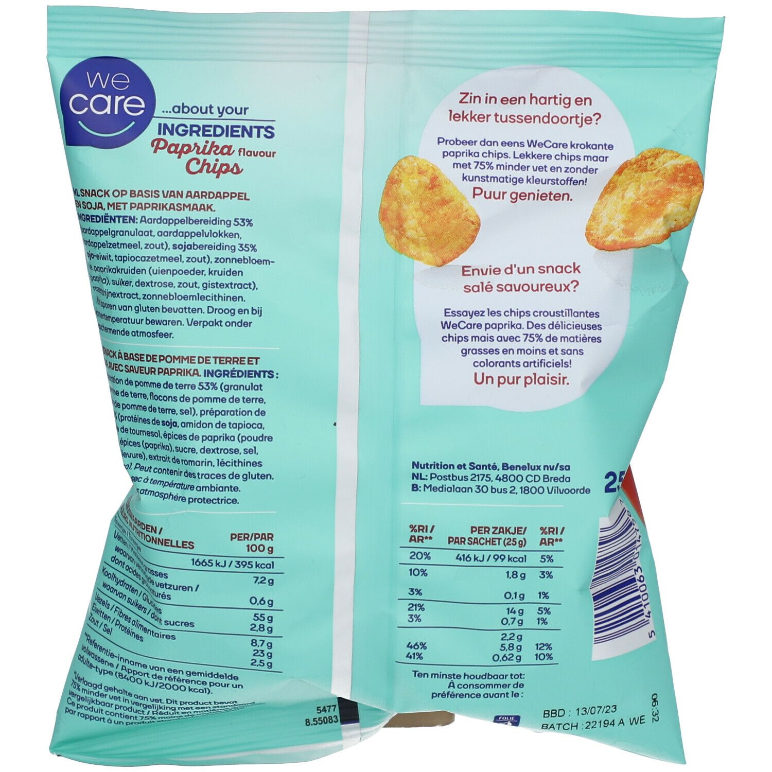 Paquet de chips Weight Care® Paprika. Fond bleu clair avec informations produit et nutritionnelles. Illustration de chips.