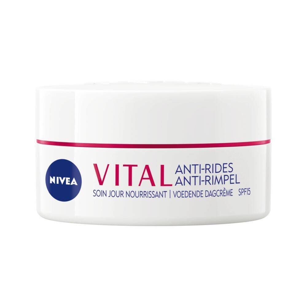 Weißer Tiegel mit rotem Streifen. Aufschrift: NIVEA VITAL Anti-Rides, Soin Jour Nourrissant, SPF15.