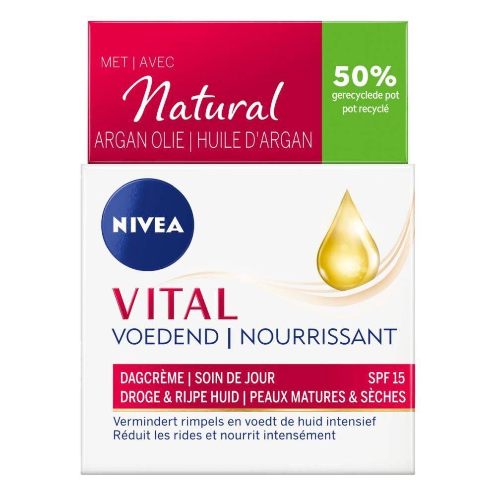 Verpackung mit Tiegel. Aufschrift: NIVEA VITAL, Anti-Rides, SPF15. Mit Arganöl. 50% recyceltes Material.