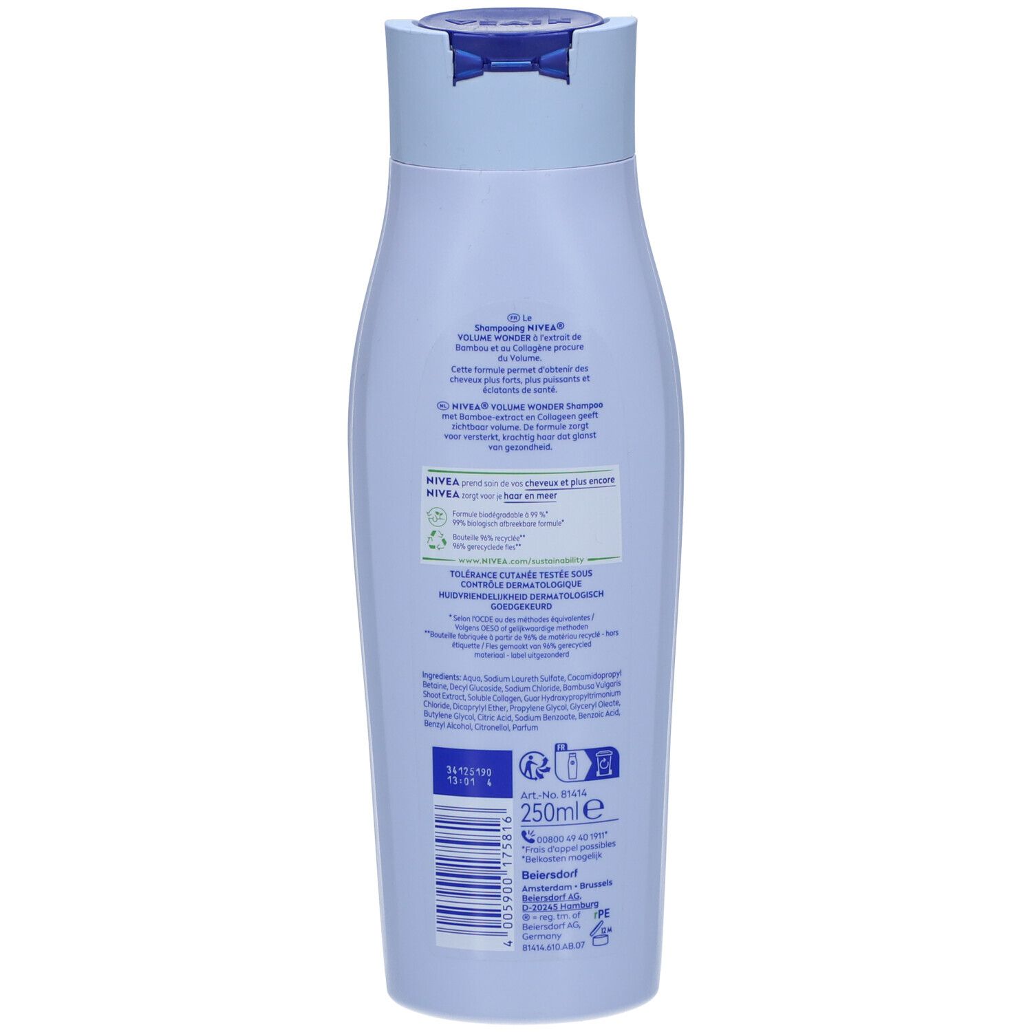 Rückseite einer hellblauen Shampoo-Flasche. Textinformationen und Inhaltsstoffe.