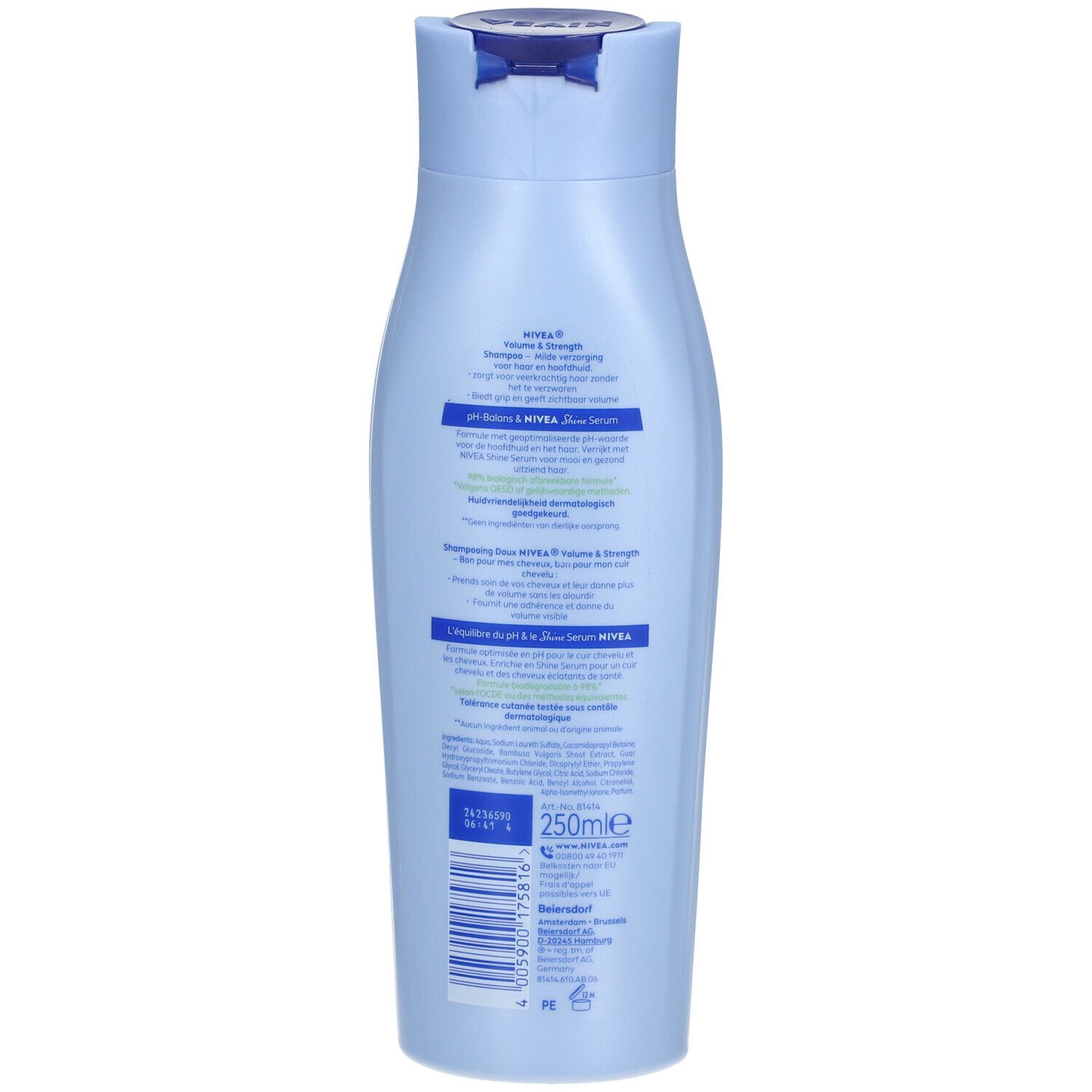 Rückseite einer hellblauen Shampoo-Flasche. Textinformationen und Inhaltsstoffe.