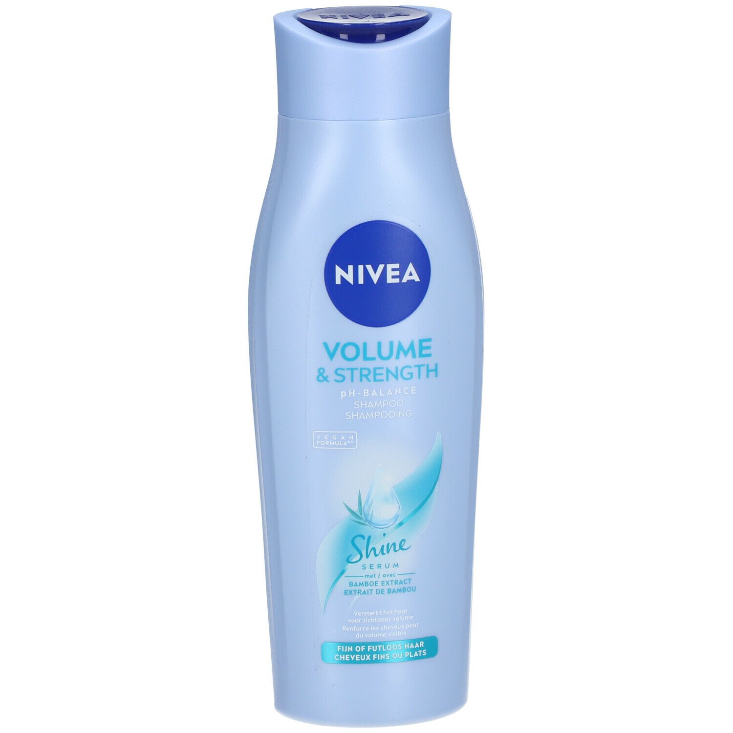 Hellblaue Shampoo-Flasche mit NIVEA-Logo. Volume & Strength. Shine Serum.