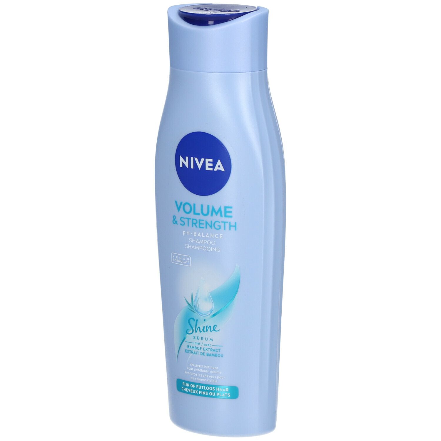 Hellblaue Shampoo-Flasche mit NIVEA-Logo. Volume & Strength. pH Balance.