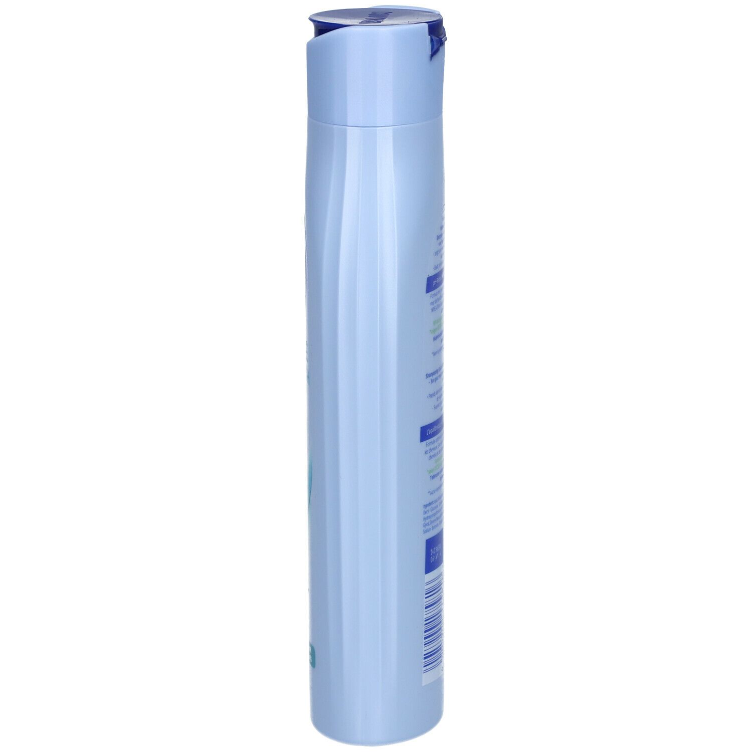 Schmale, hellblaue Shampoo-Flasche. Seitenansicht mit Text.