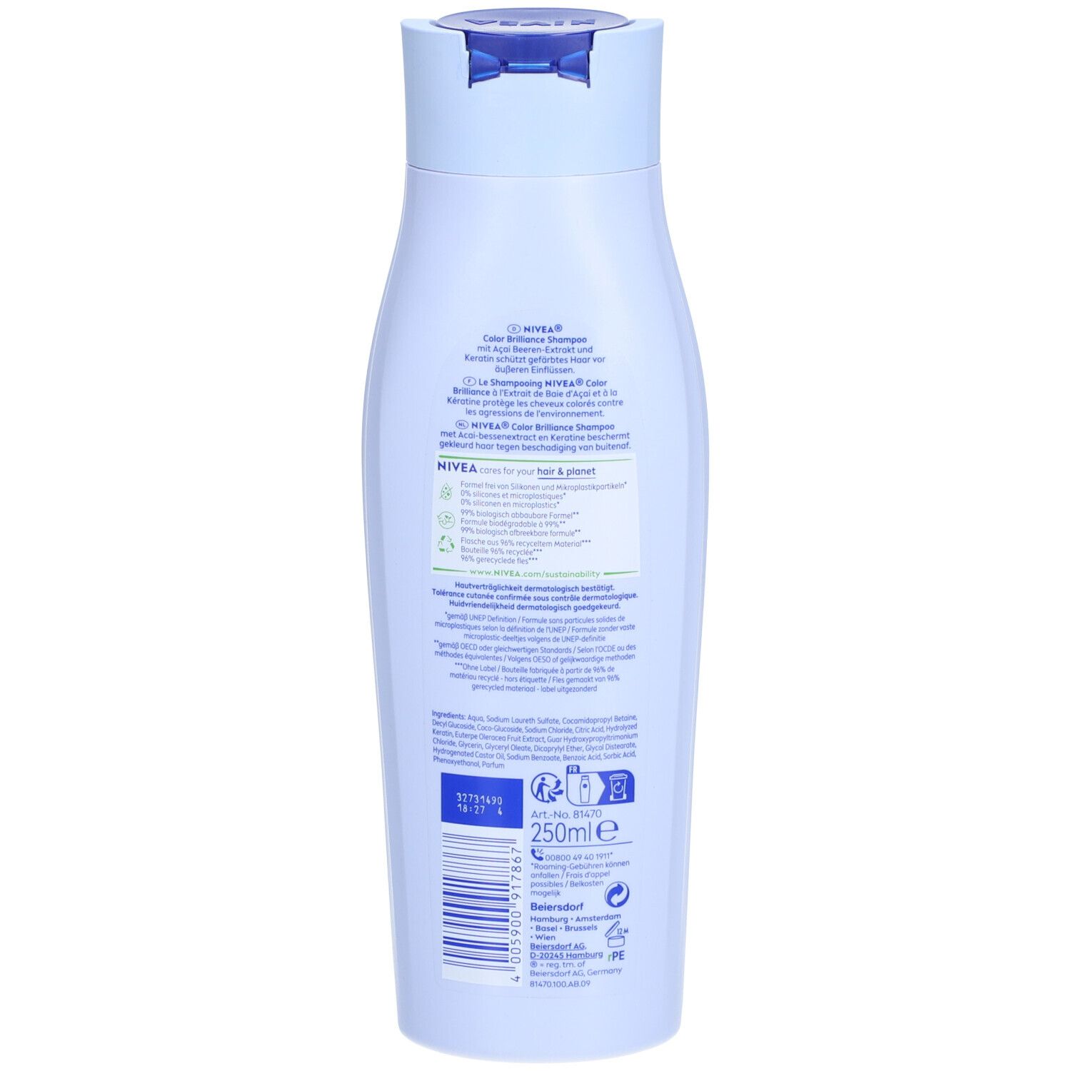 Achterkant van een lichtblauwe shampoo fles. Tekst met productinformatie en ingrediënten. 250ml indicatie.