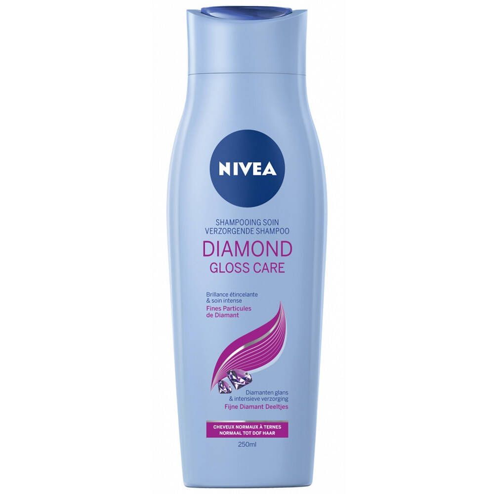 Hellblaue Shampoo-Flasche mit NIVEA-Logo und Produktbezeichnung Diamond Gloss Care. Enthält 250ml.