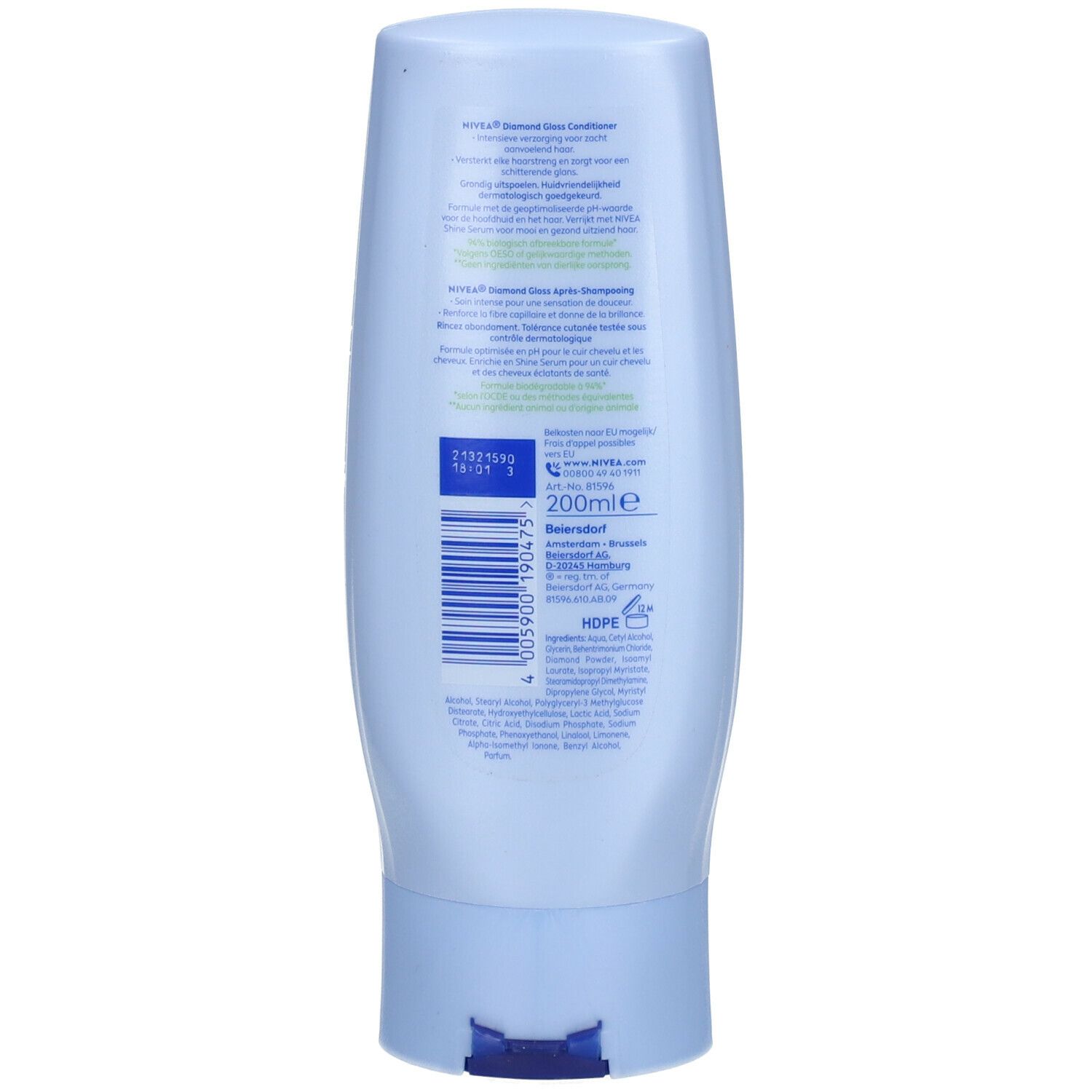 Dos d'un flacon bleu clair. Texte: Nivea Diamond Gloss Conditioner Après-Shampooing. Ingrédients, fabricant, code-barres, volume 200ml.