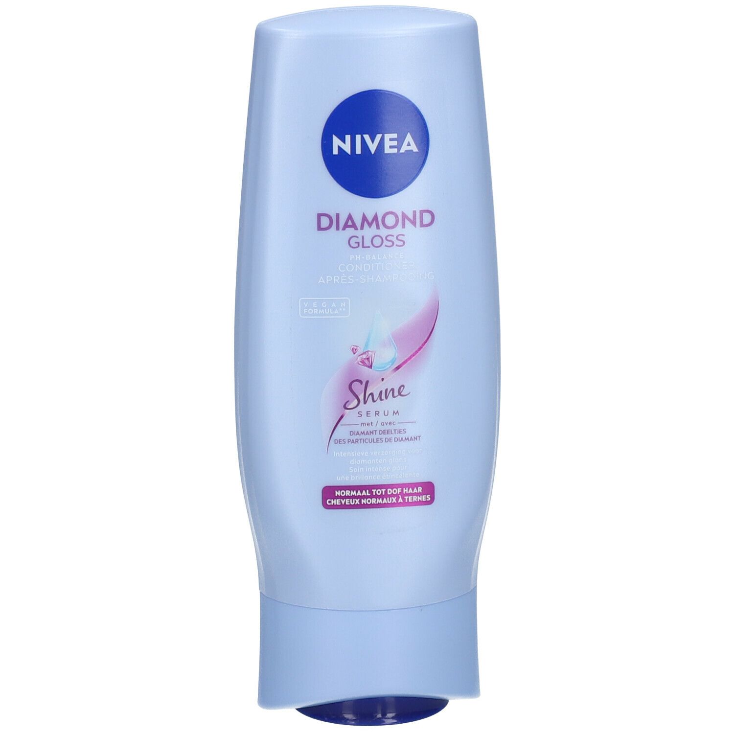 Flacon bleu clair Nivea Diamond Gloss. Inscription: Conditioner Après-Shampooing. Sérum brillance. Pour cheveux normaux à ternes.