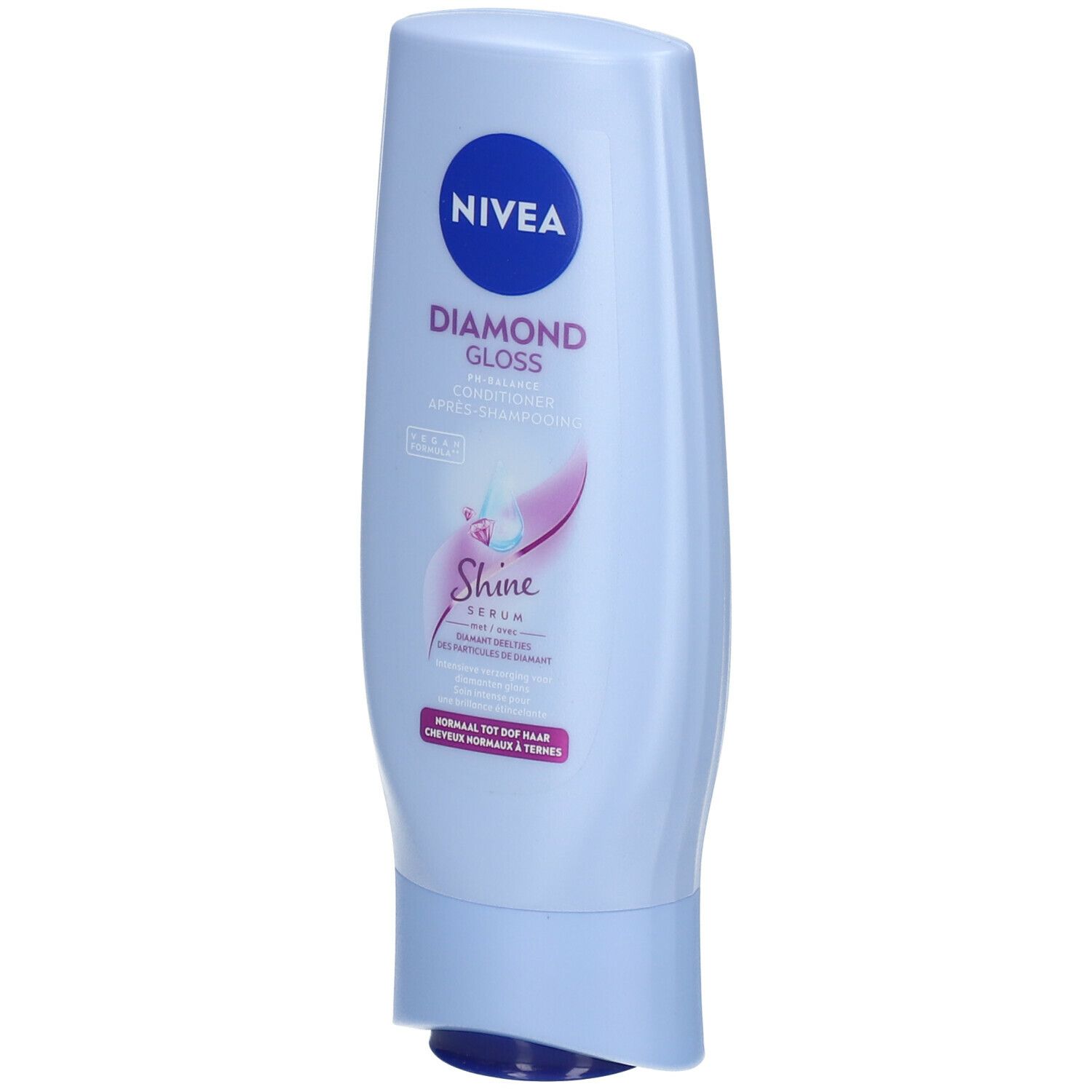 Flacon bleu clair Nivea Diamond Gloss. Inscription: Conditioner Après-Shampooing. Sérum brillance. Pour cheveux normaux à ternes.
