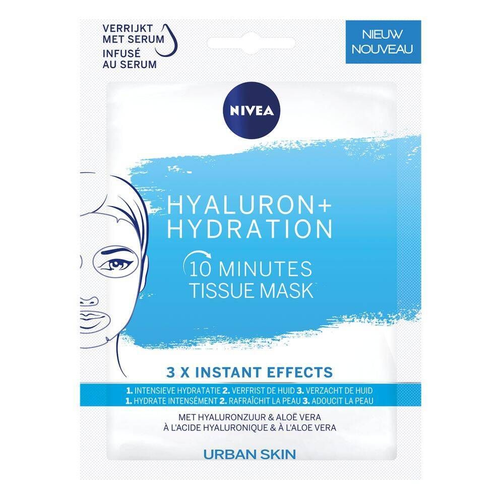 Verpakking van NIVEA Hyaluron+ Hydration Mask. Witte verpakking met blauwe accenten. Productnaam en tekst '10 Minutes Tissue Mask' zichtbaar.