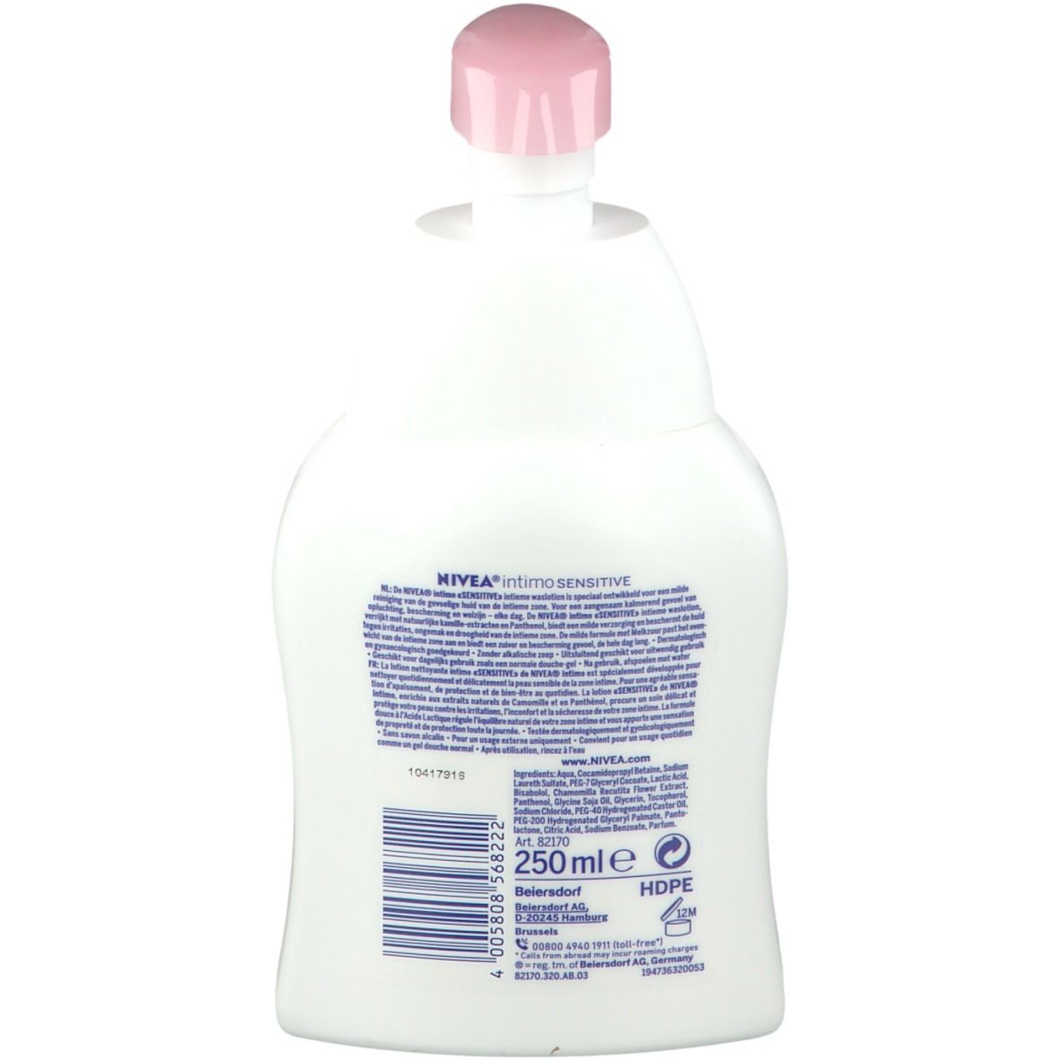Dos du flacon de lotion lavante NIVEA Intimo. Blanc, avec texte et informations. Bouchon rose.