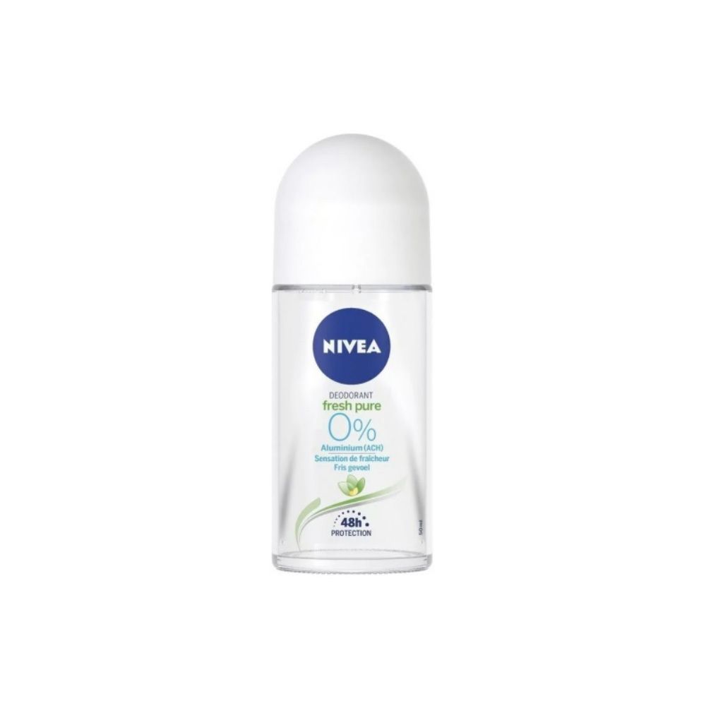 Roll-on-Deodorant mit weißem Deckel und transparentem Behälter. Blaue Aufschrift: NIVEA, fresh pure 0%.