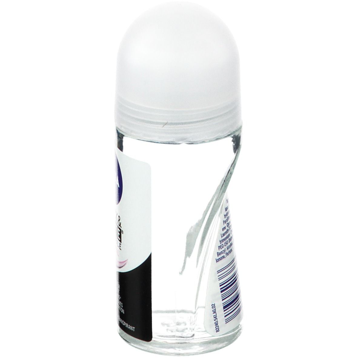 Transparante roll-on deo met witte dop. Achterkant met barcode en tekst. Productnaam onleesbaar.