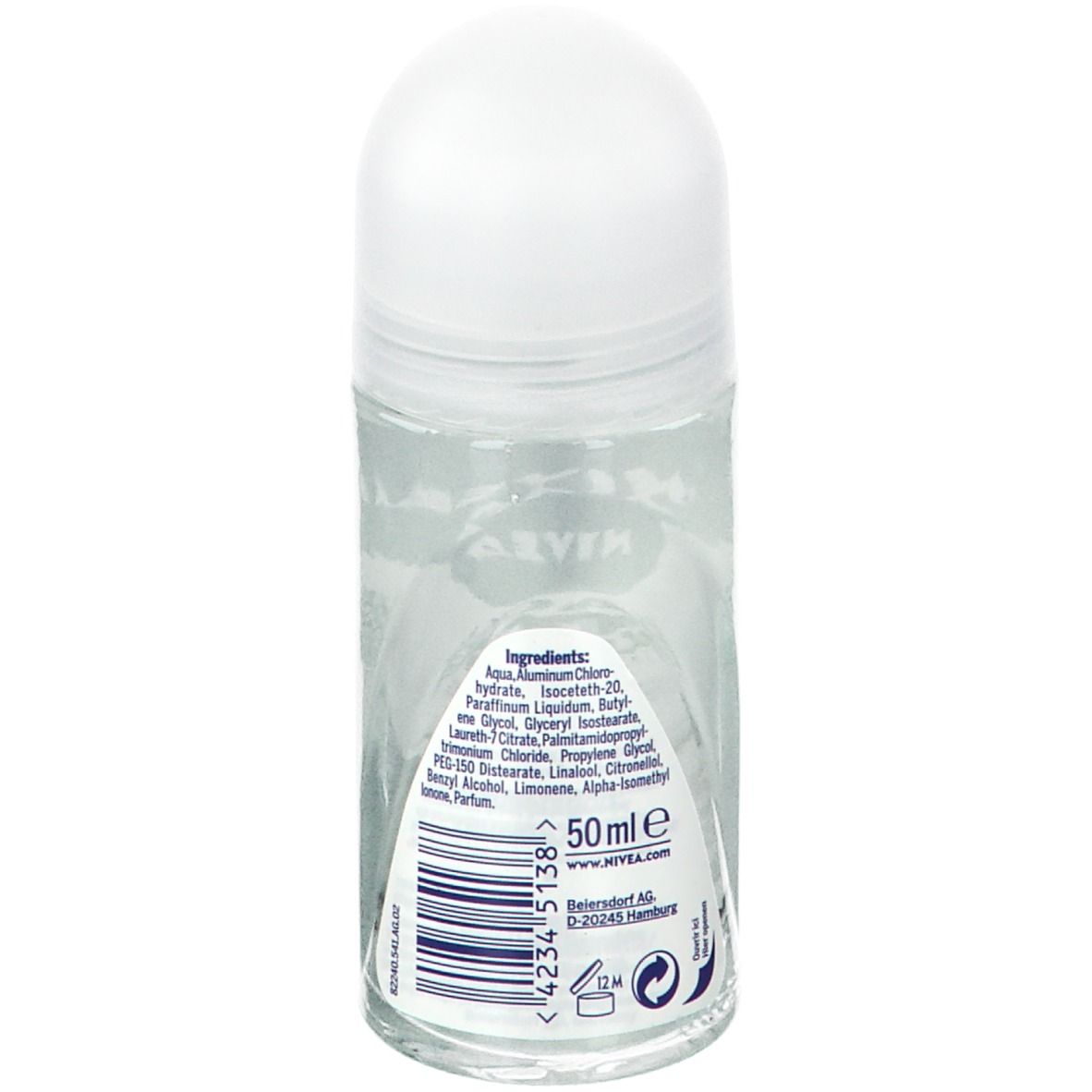 Achterkant van een roll-on met ingrediënten, 50 ml en barcode. Merk: NIVEA. Tekst in het Duits.